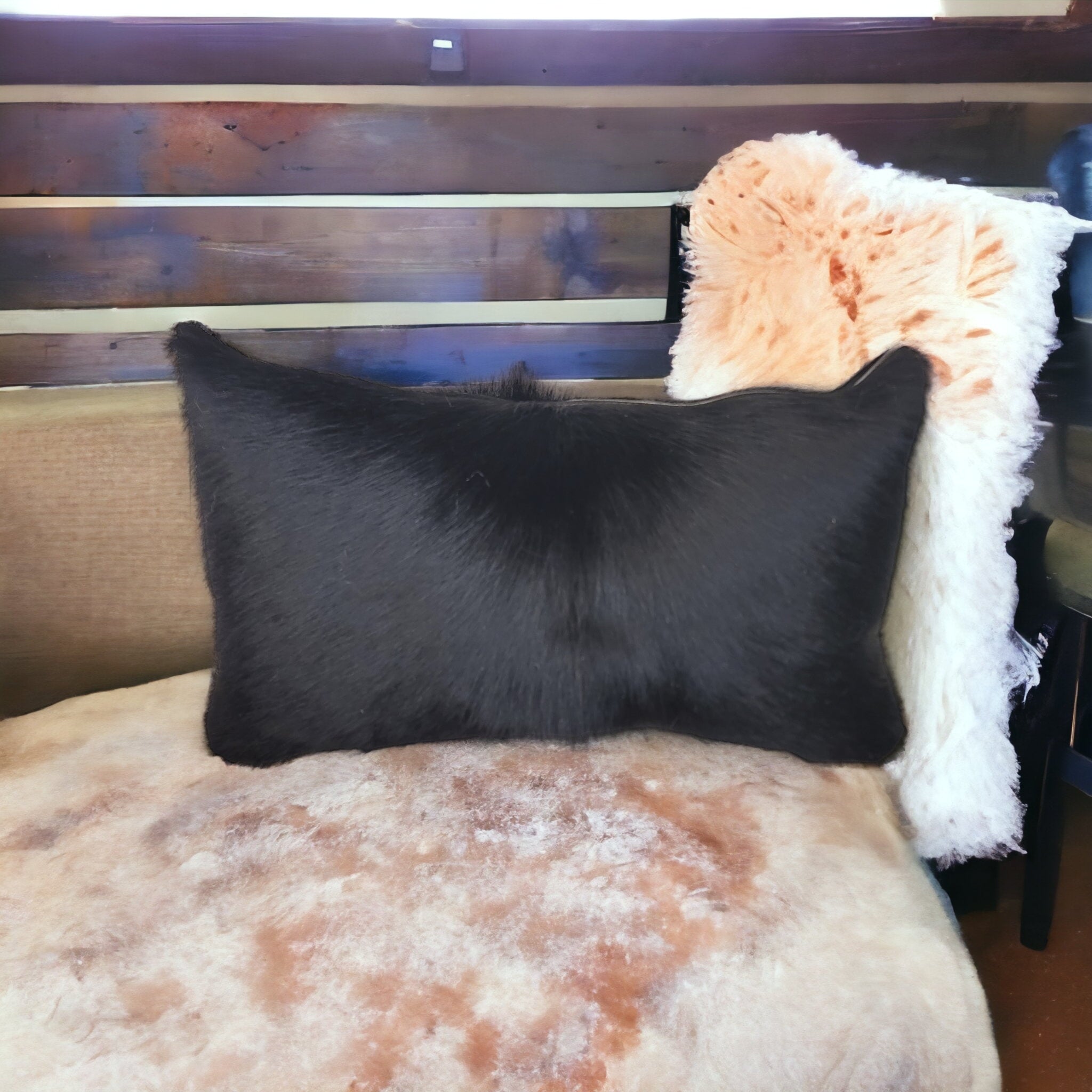 Handmade black fur leather pillow bbk leather designs