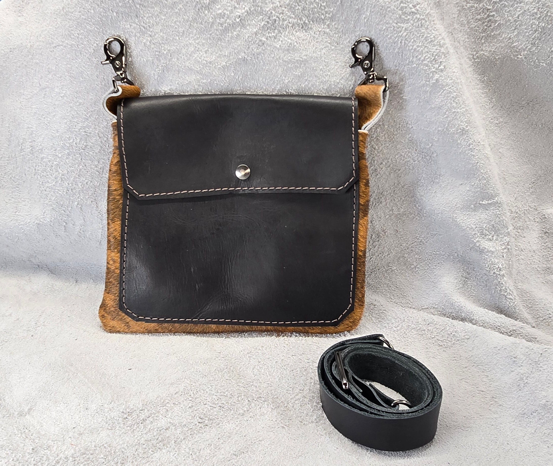 handmade leather black and brindle fur Convertible Cross-Body Bag bbk leather designs