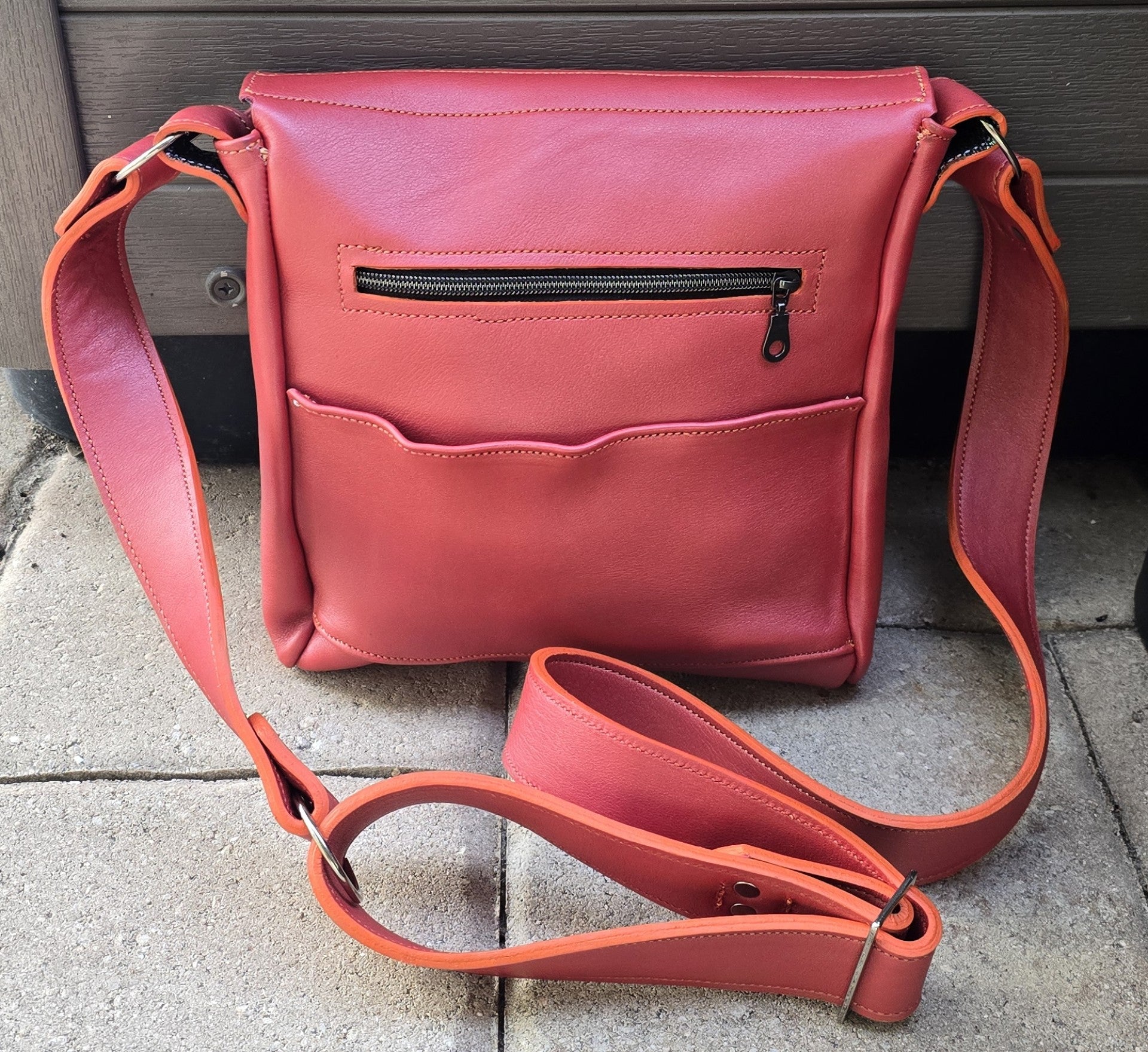 Handmade coral and orange leather messenger bag unisex bbk leather designs