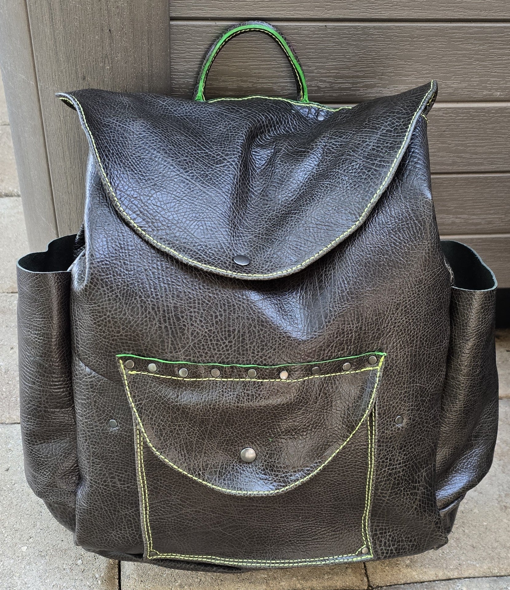 handmade leather overnighter backpack distressed brown with lime green accents bbk leather designs