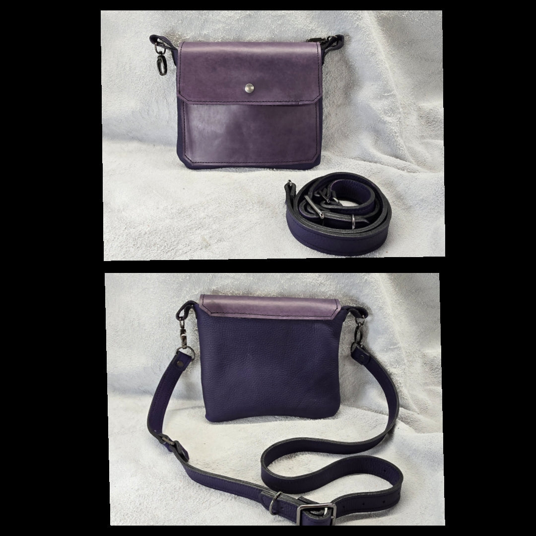 bbk leather designs handmade convertible cross body smooth purple on pebble grain purple