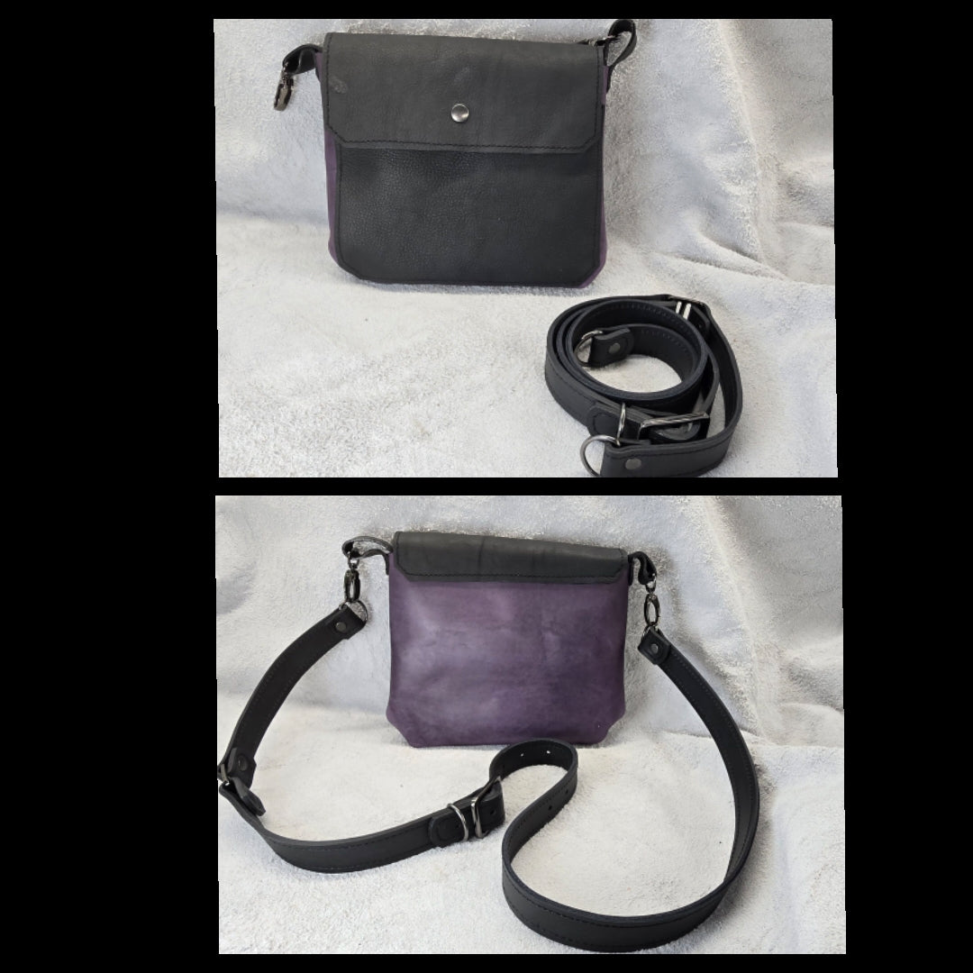bbk leather designs handmade convertible cross body black on smooth purple
