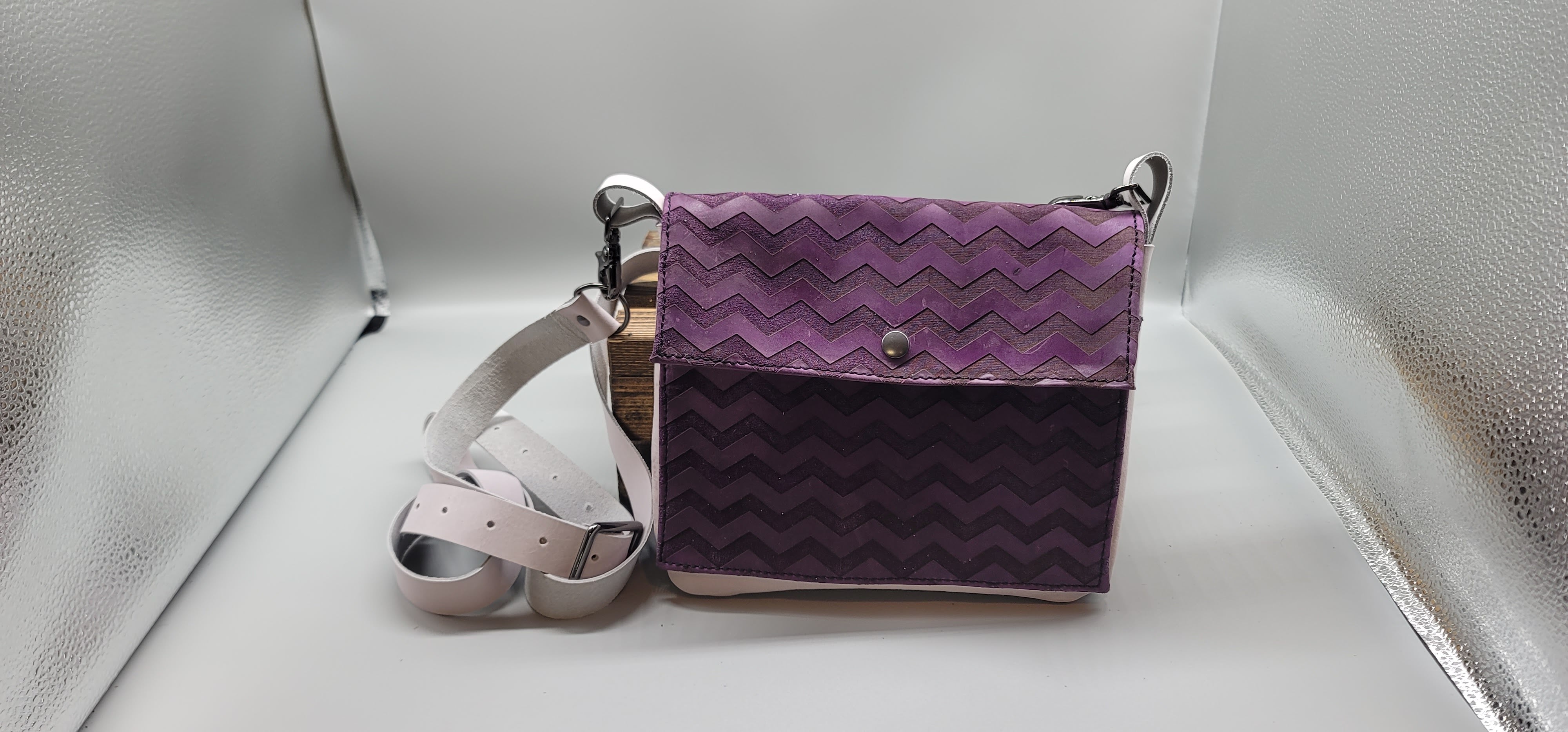 handmade leather laser engraved zig zag pattern on purple and white Convertible Cross-Body Bag bbk leather designs