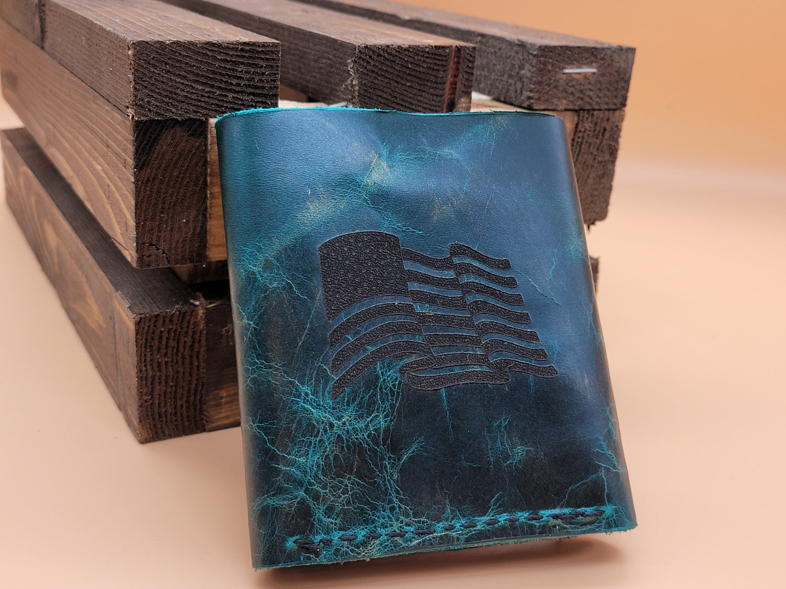 bbk leather designs handmade laser engraved marbled green leather trifold wallet American Flag