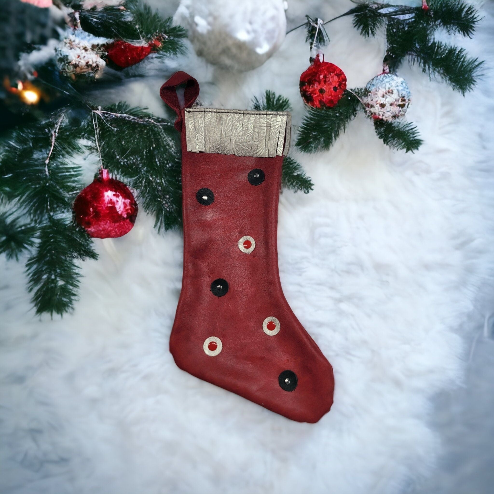 bbk leather designs handmade holiday stocking red with bulb ornaments