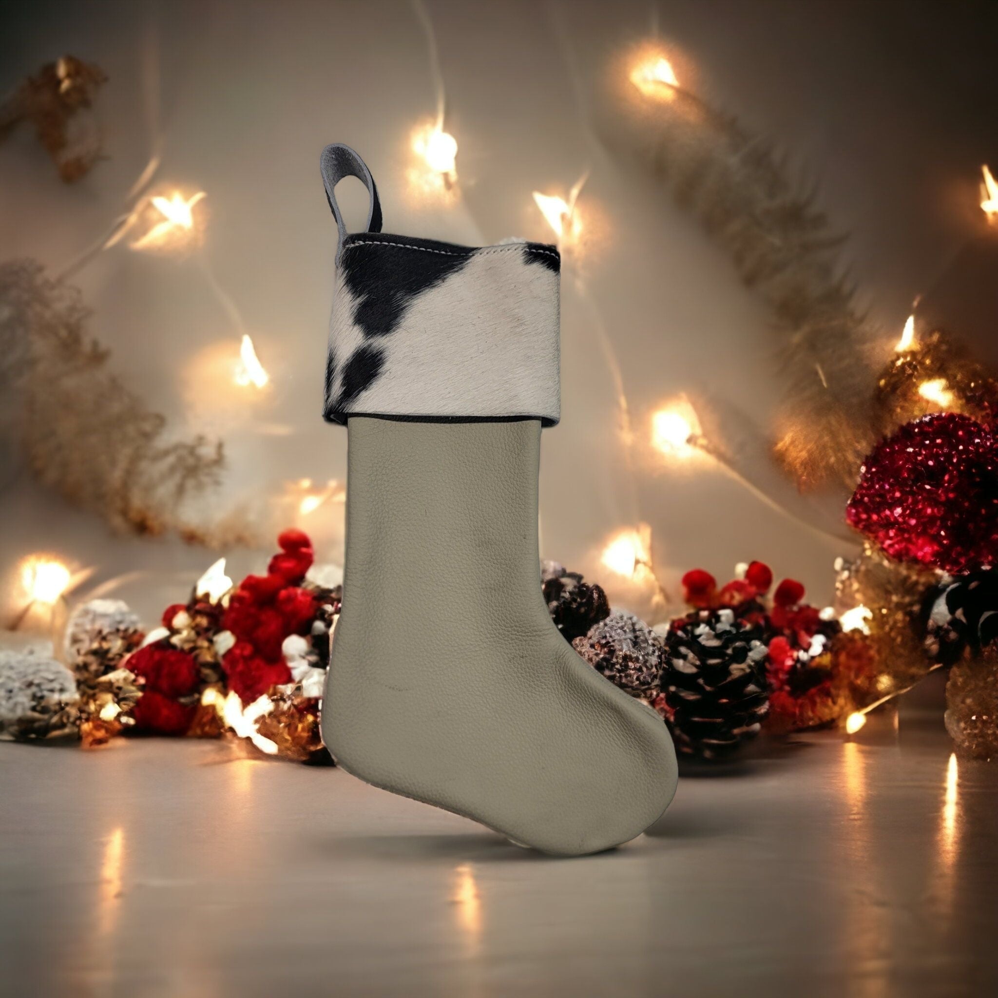 bbk leather designs handmade holiday stocking cream with cow fur