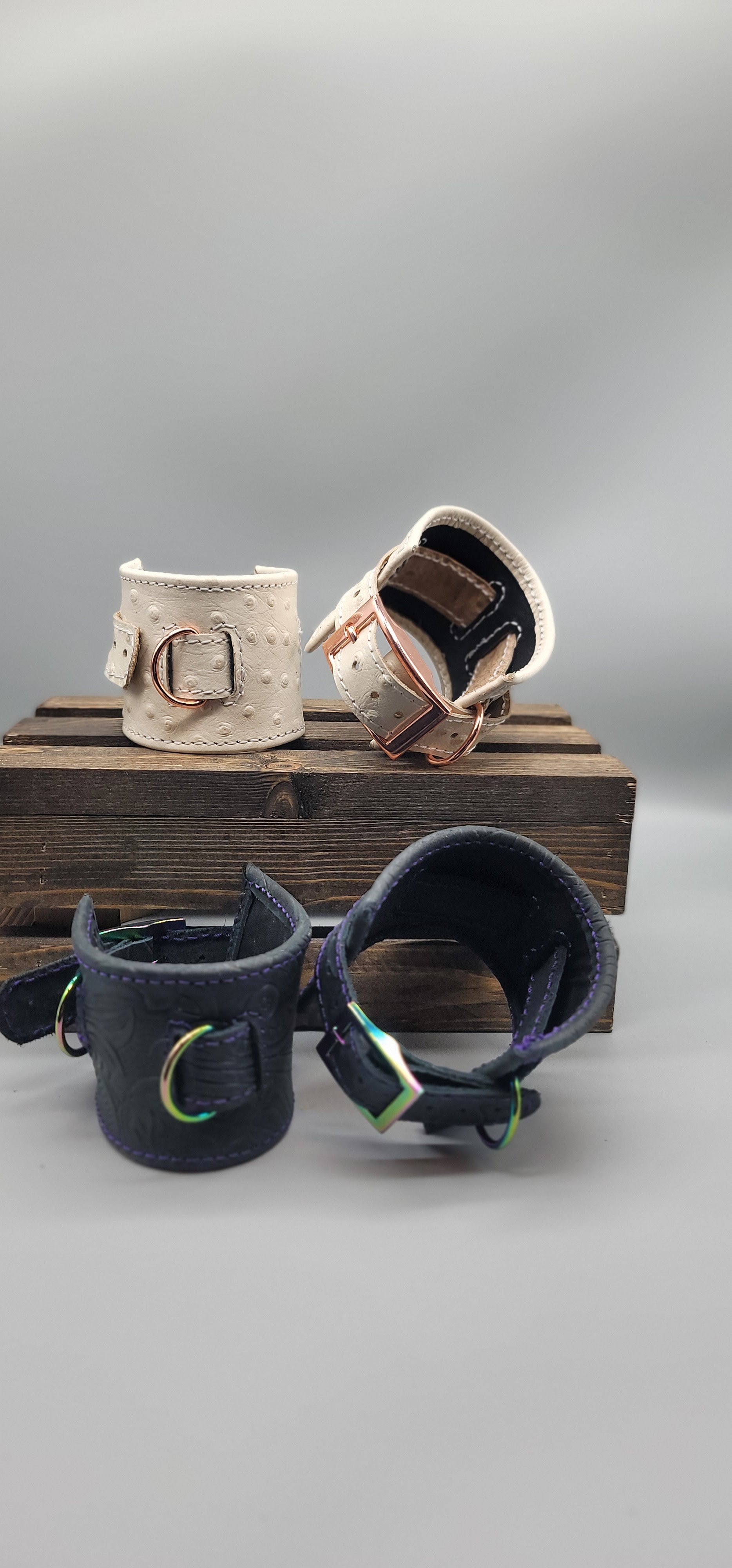 Handmade leather black white rainbow wrist cuffs bbk leather designs