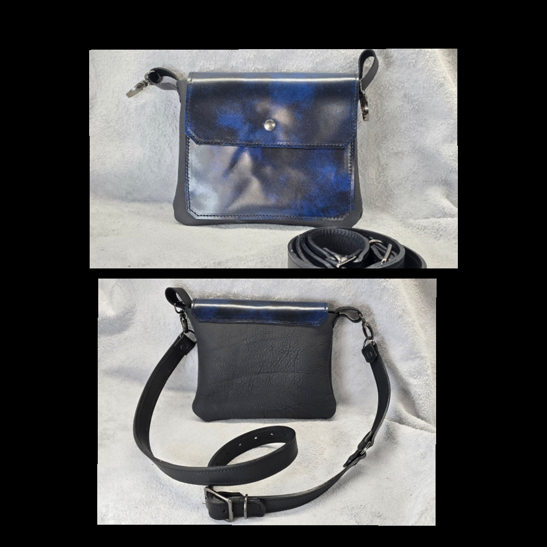 bbk leather designs handmade convertible cross body blue on black