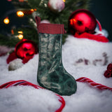 bbk leather designs handmade green holiday stocking red fringe