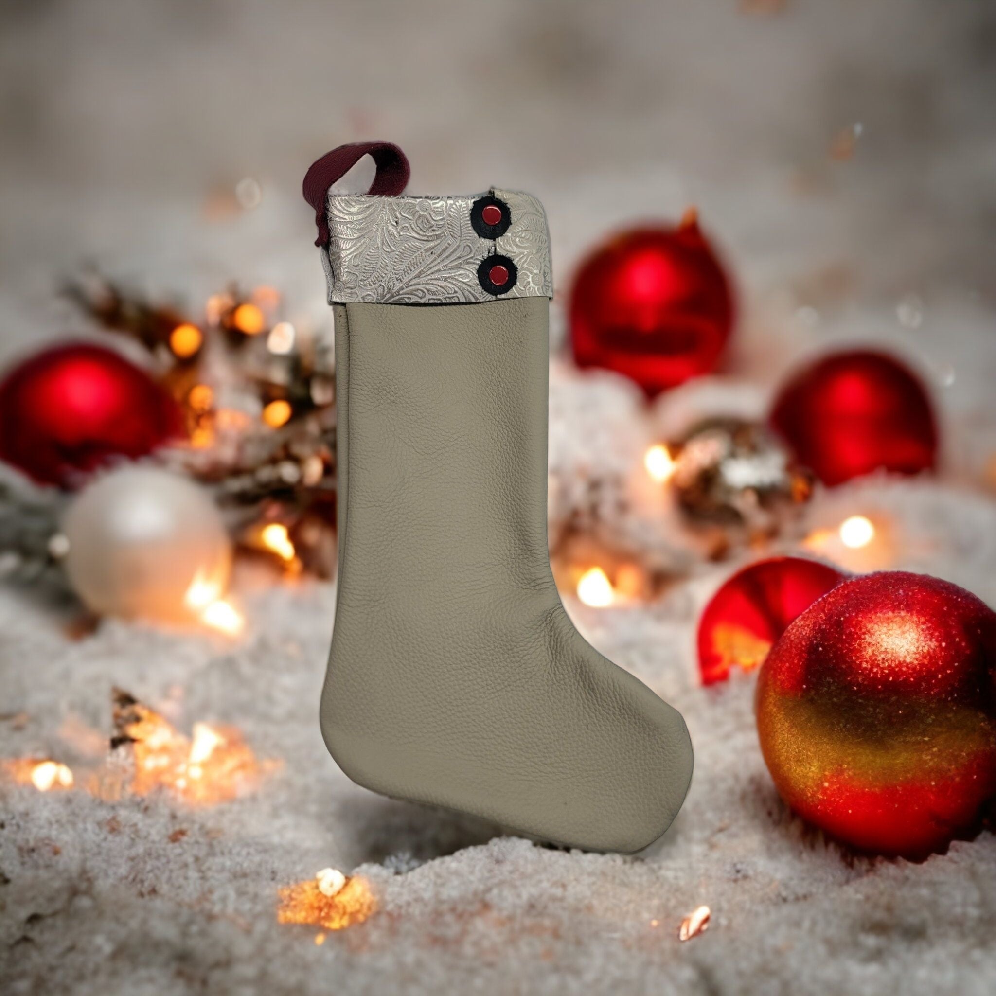bbk leather designs handmade holiday stocking cream with white and silver cuff