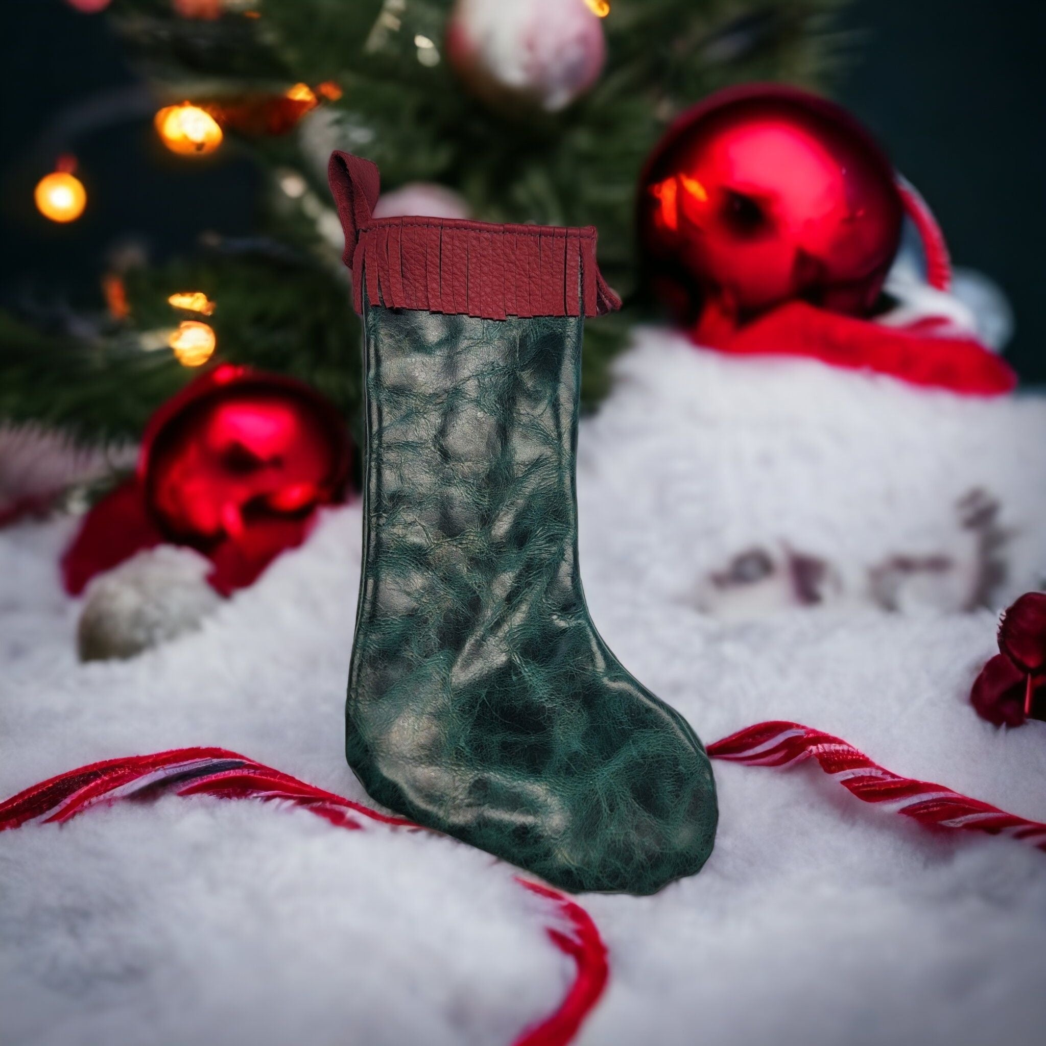 bbk leather designs handmade green holiday stocking red fringe