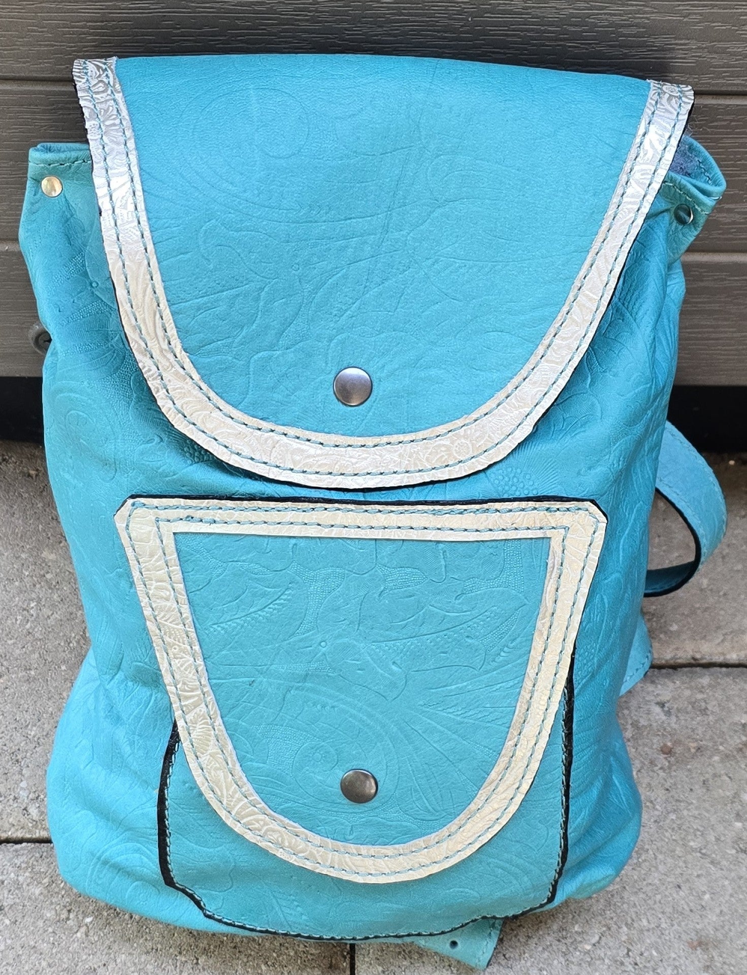 teal and white handmade leather mini backpack bbk leather designs