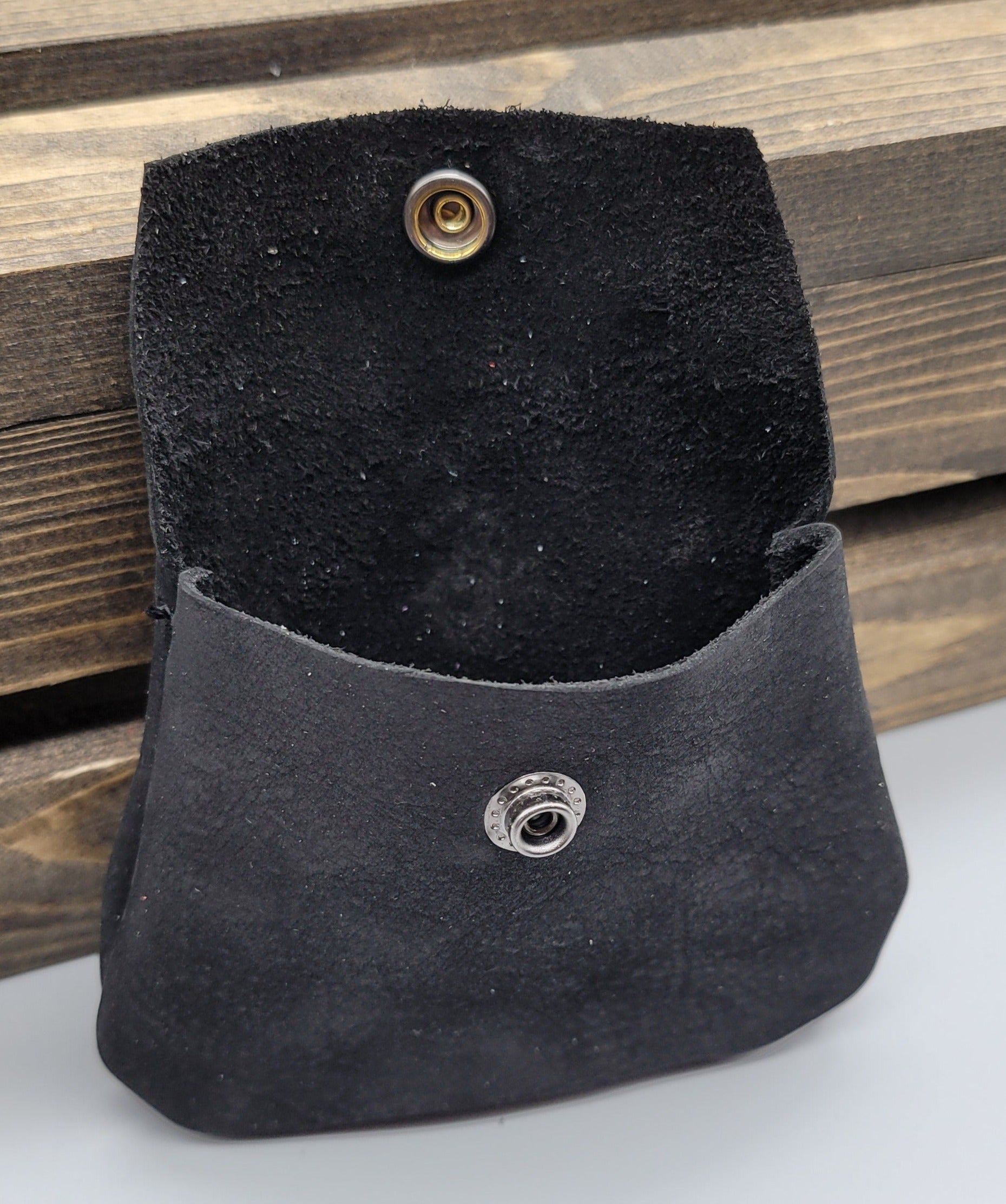 Handmade leather black coin purse open bbk