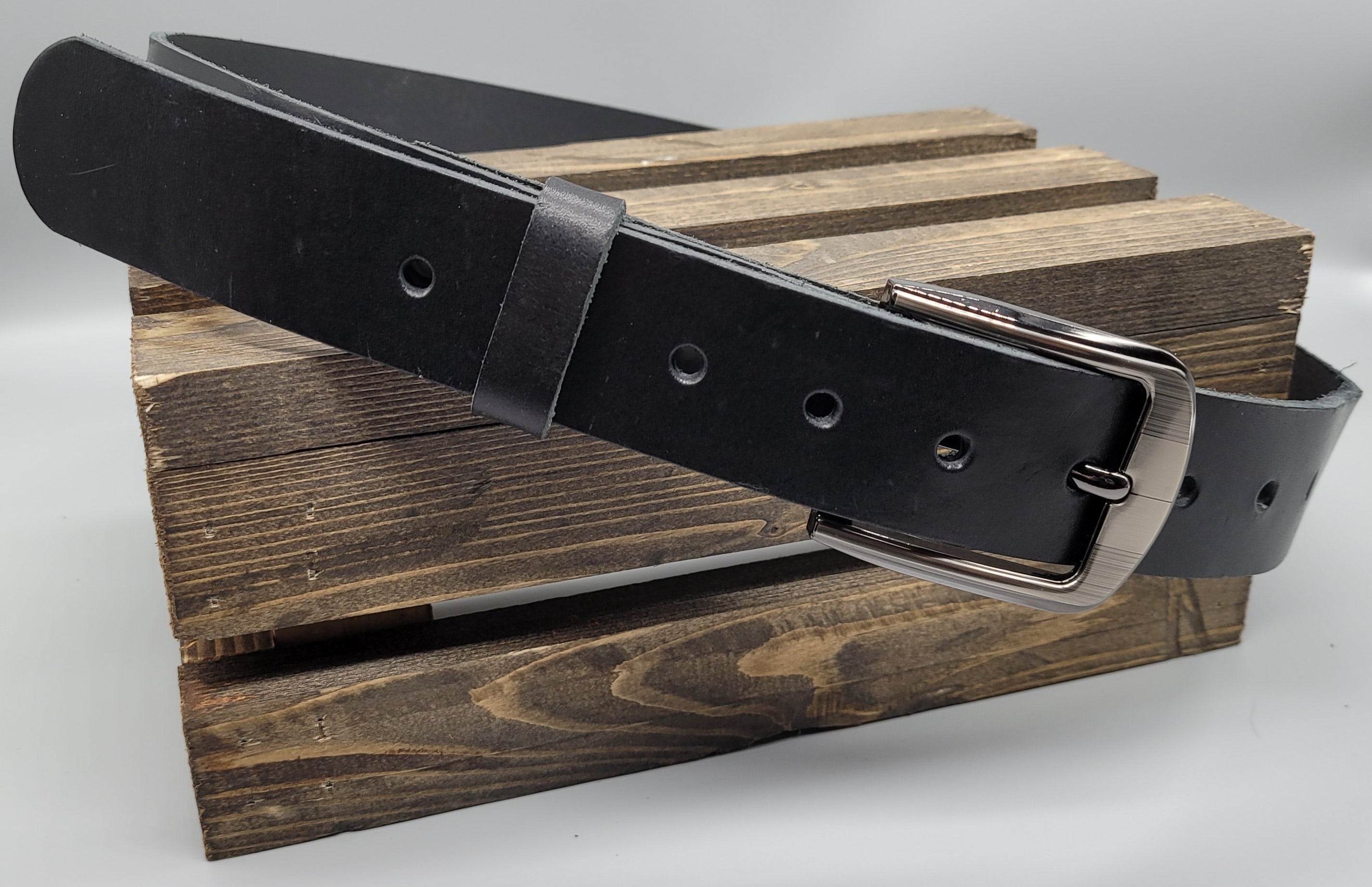 Black handmade leather casual belt gunmetal buckle bbk