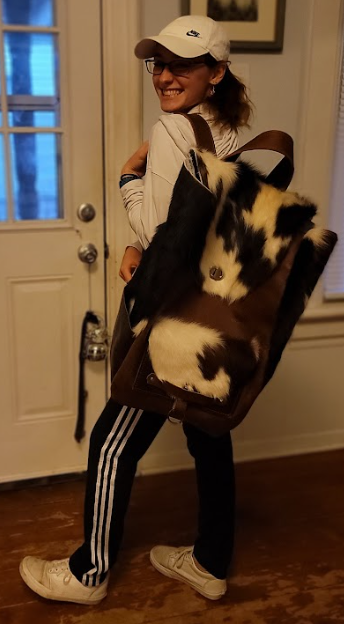 handmade leather brown and cow fur bookbag back pack duffle bbk large