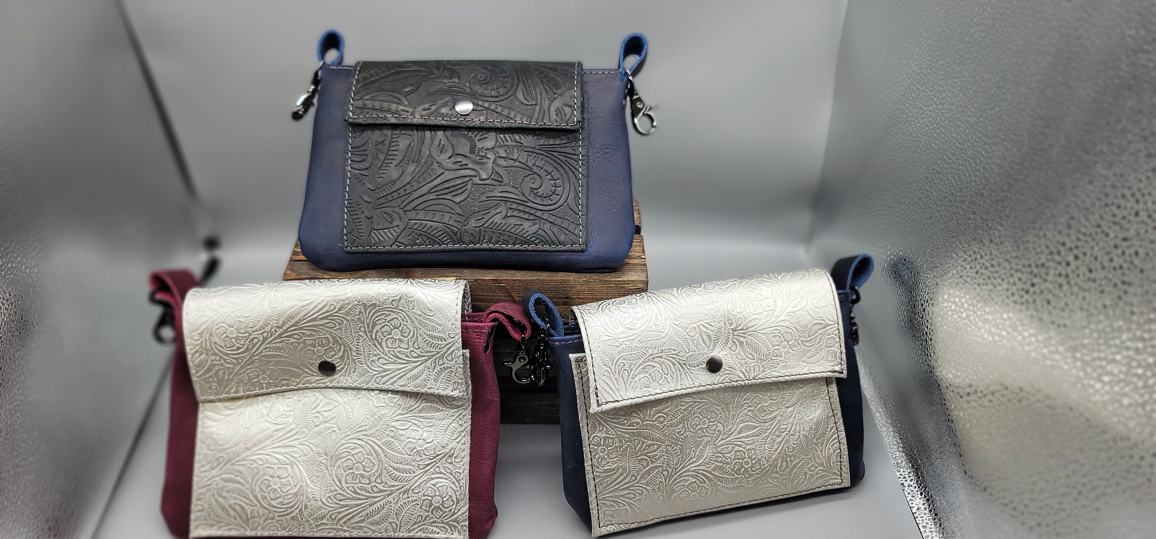 blue, pearl, black, white red leather convertible cross-body bags by bbk leather designs
