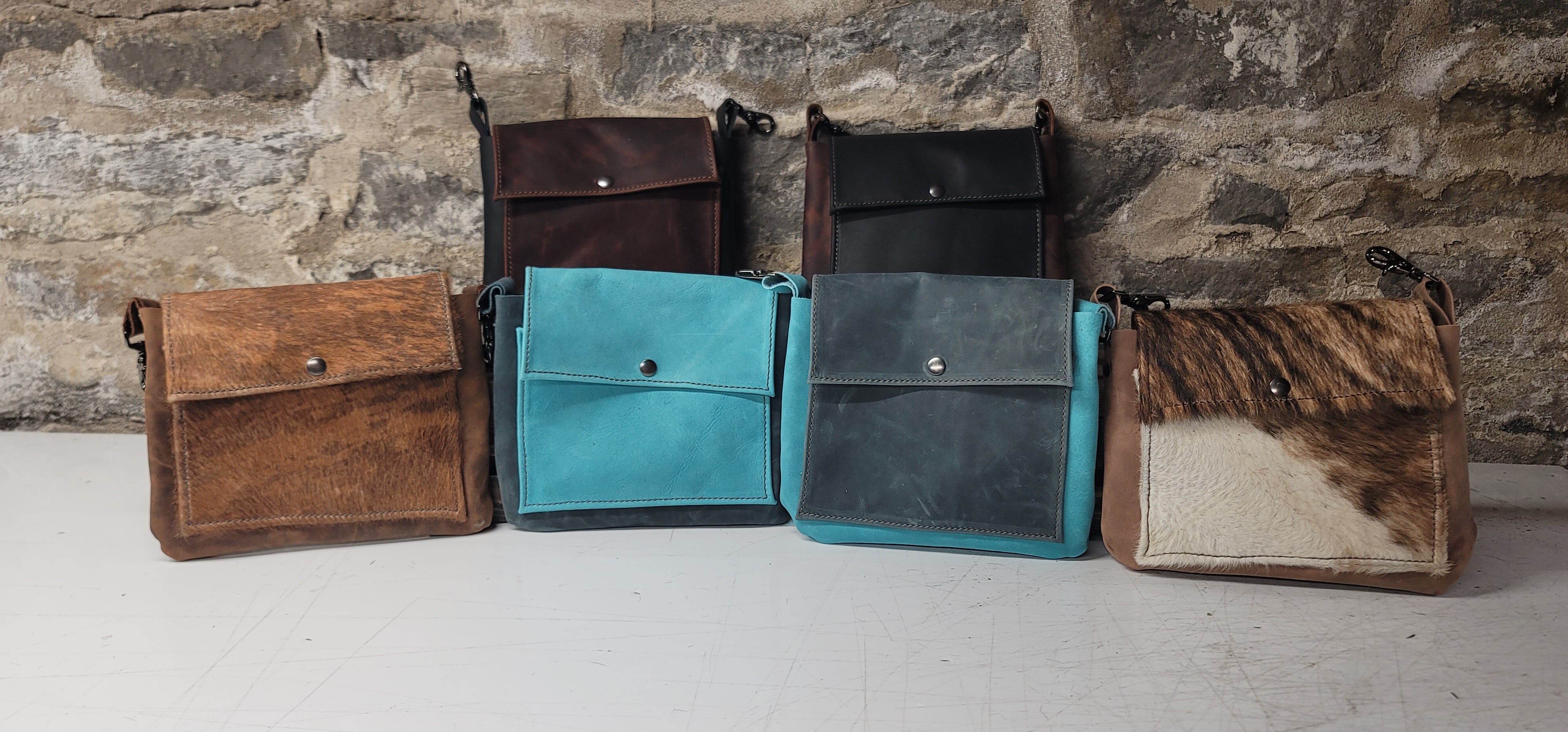 handmade leather teal, fur, aqua, brown black Convertible Cross-Body Bag bbk leather designs
