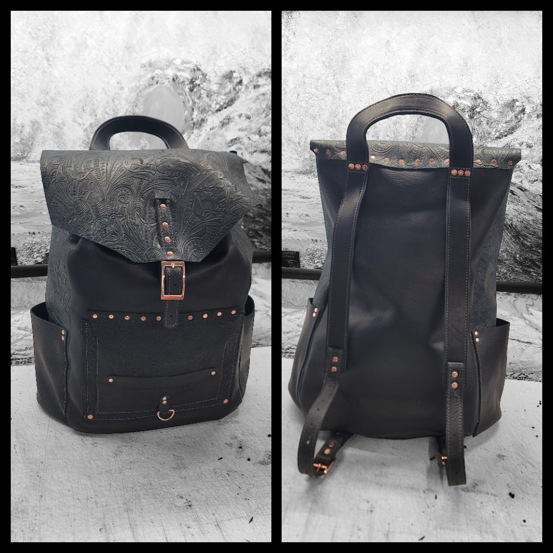 Black handmade leather weekender backpack duffel bbk leather designs