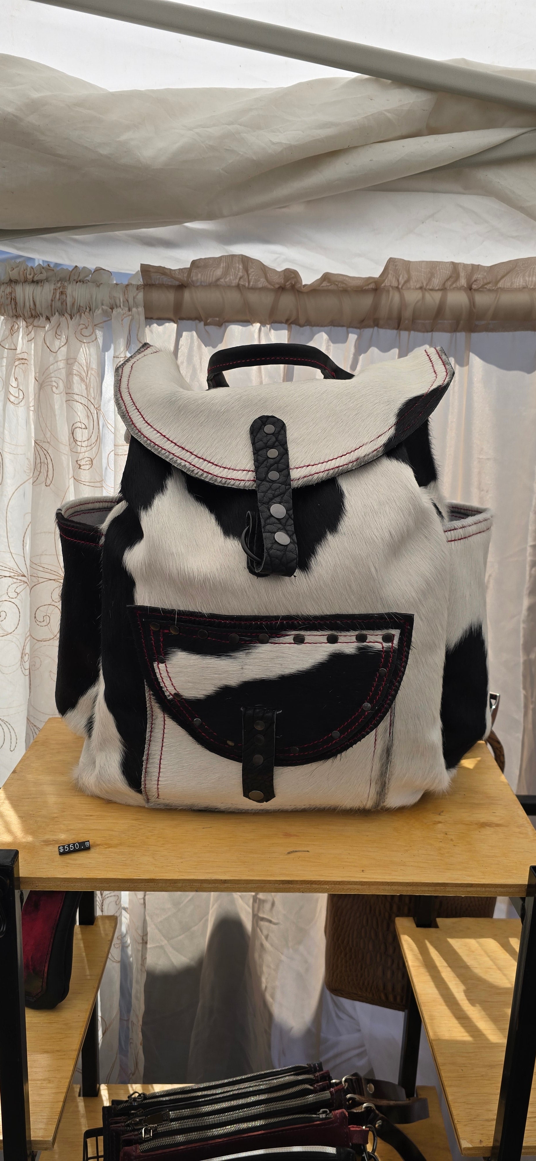 handmade leather black and white cow fur leather overnighter backpack bbk leather designs