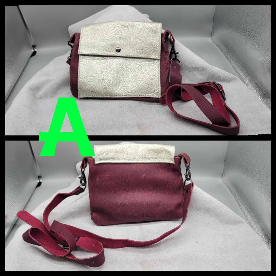 handmade leather embossed white on smooth burgundy leather convertible cross-body bag bbk leather designs