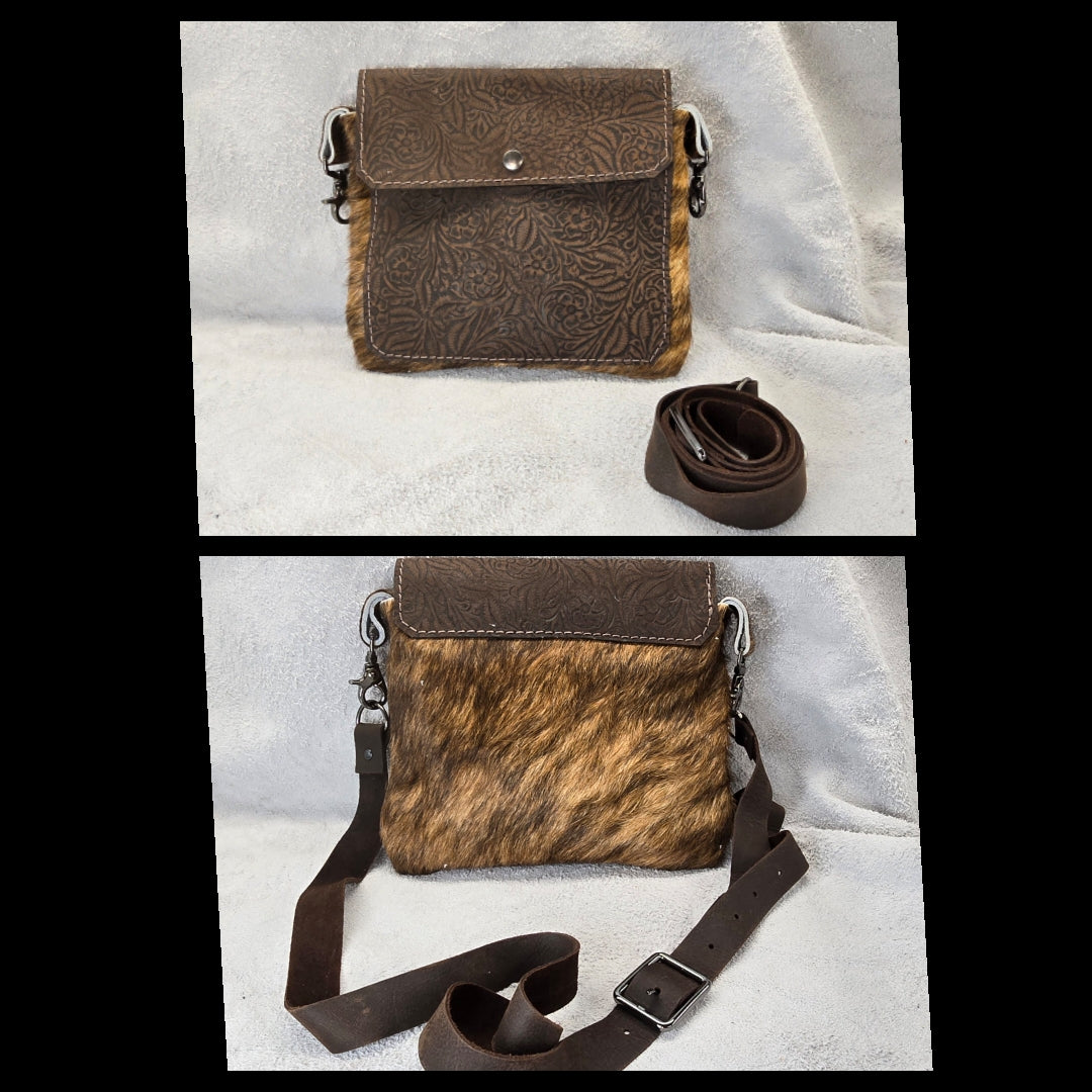 bbk leather designs handmade convertible cross body embossed brown on brindle fur