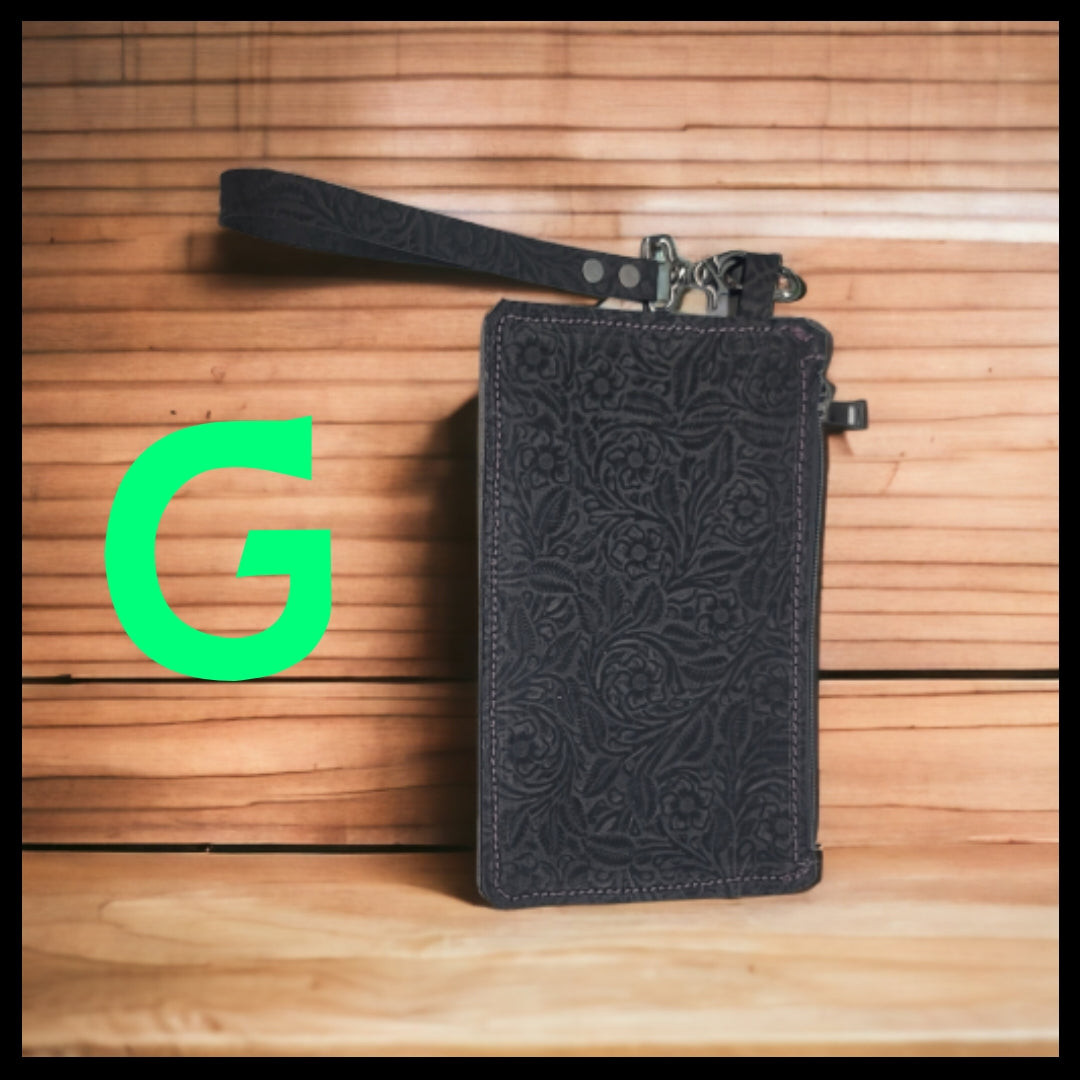 bbk leather designs embossed black wristlet