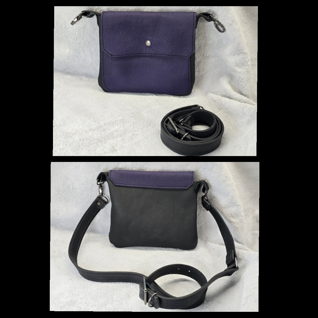 bbk leather designs handmade convertible cross body pebble grain purple on black