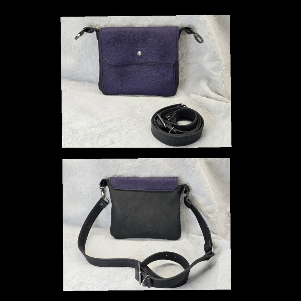 bbk leather designs handmade convertible cross body pebble grain purple on black