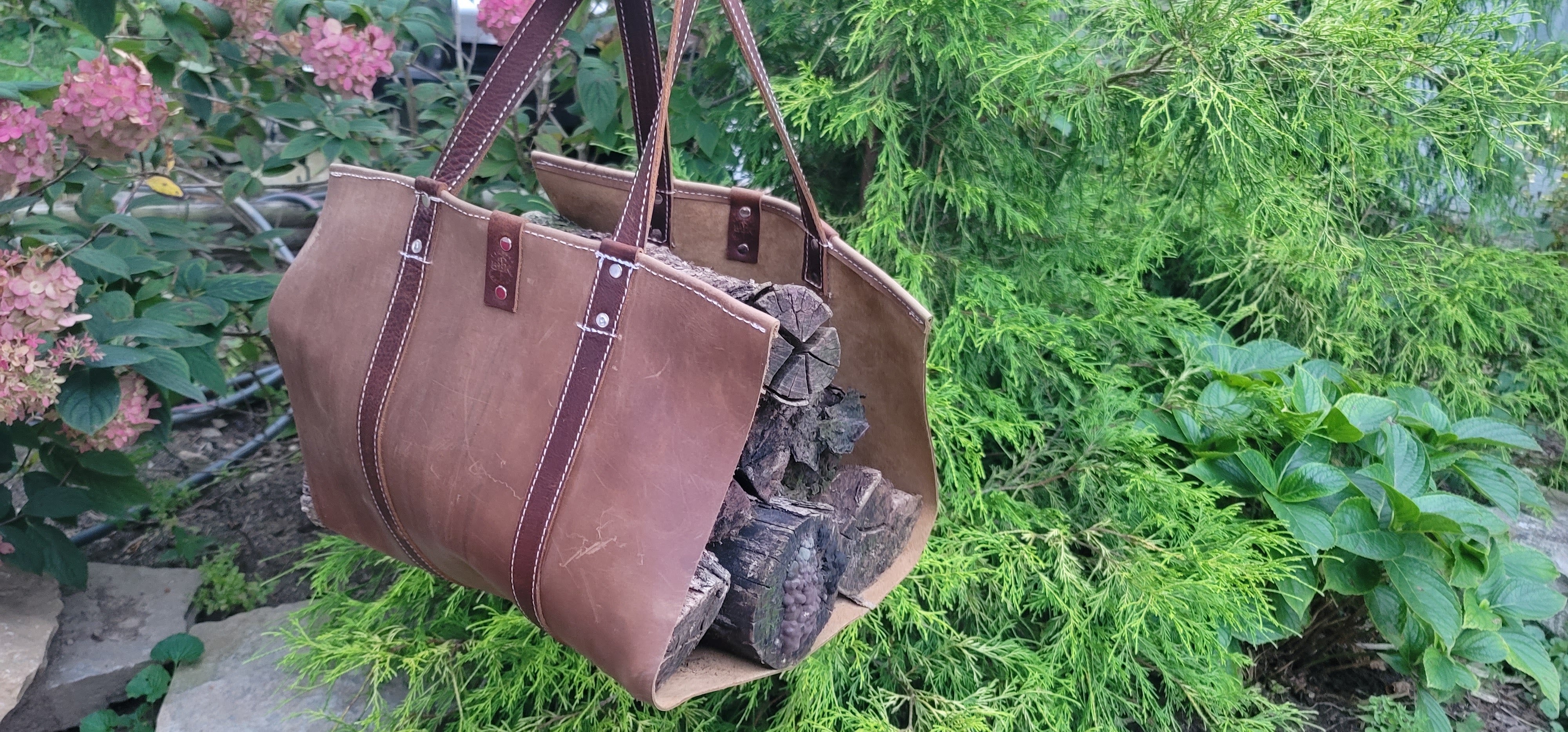 handmade tan leather log carrier bbk leather designs