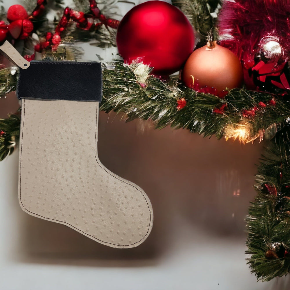 bbk leather designs handmade holiday stocking embossed ostrich cream with black fur cuff