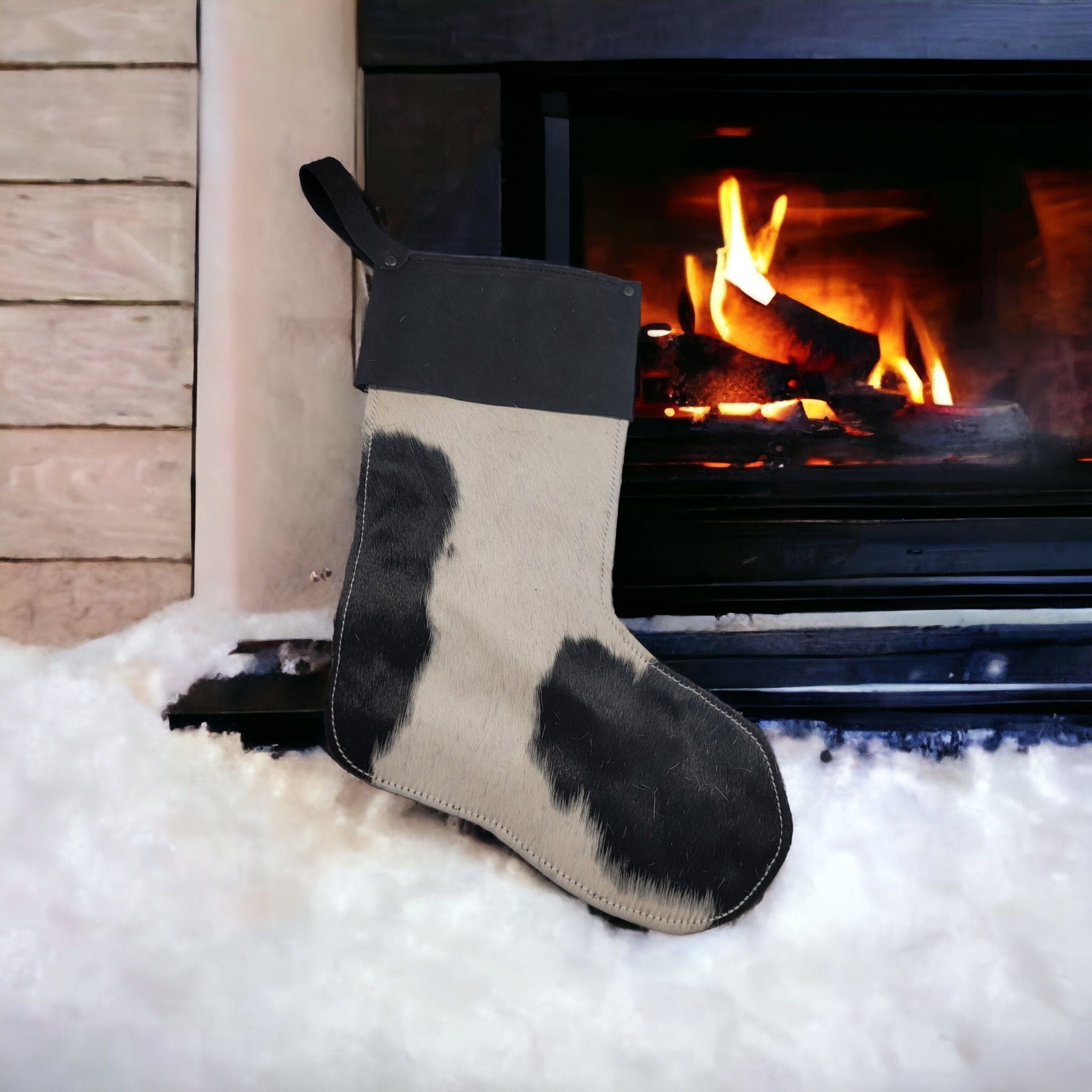 bbk leather designs handmade holiday stocking black and white cow fur with black cuff
