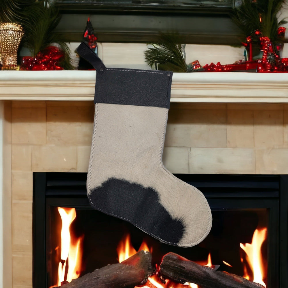 bbk leather designs handmade holiday stocking black and white fur with black embossed cuff