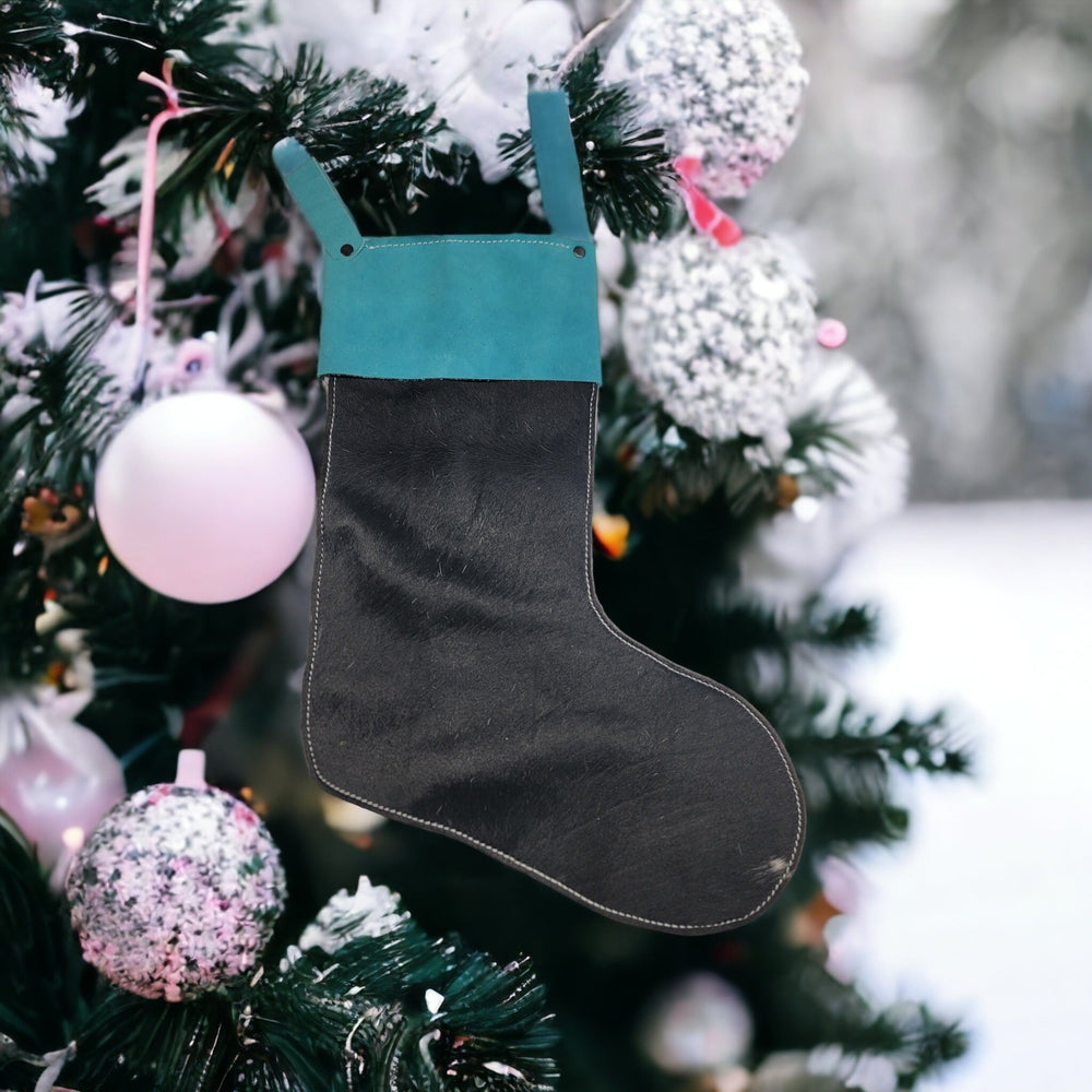 bbk leather designs handmade holiday stocking black fur with teal cuff