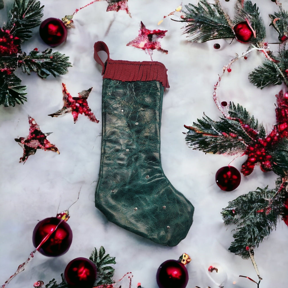 bbk leather designs handmade holiday stocking shiny green