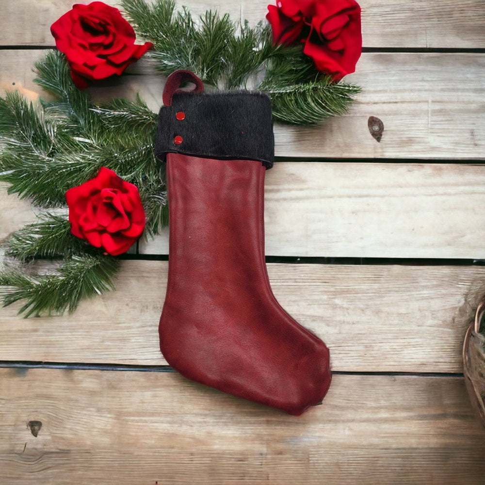 bbk leather designs handmade holiday stocking red with black fur cuff