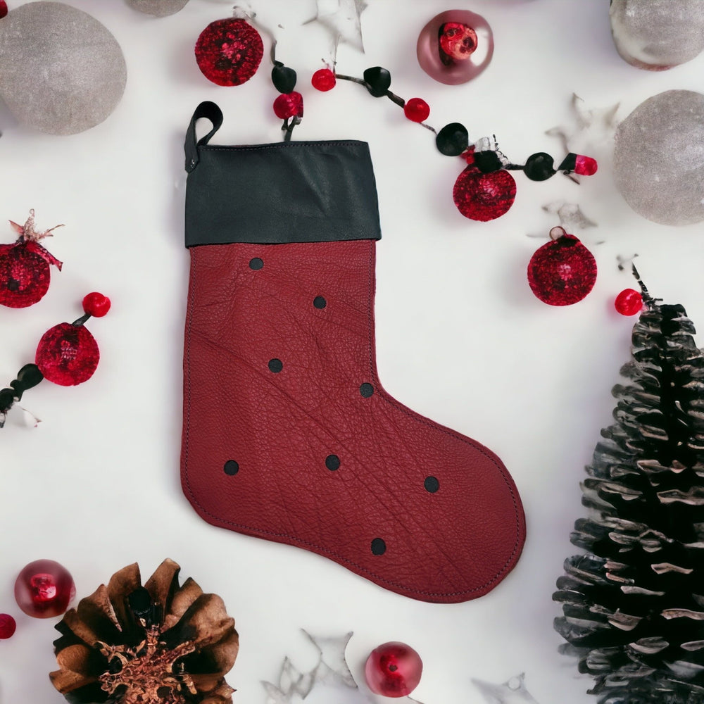 bbk leather designs handmade holiday stocking red with green polka dots