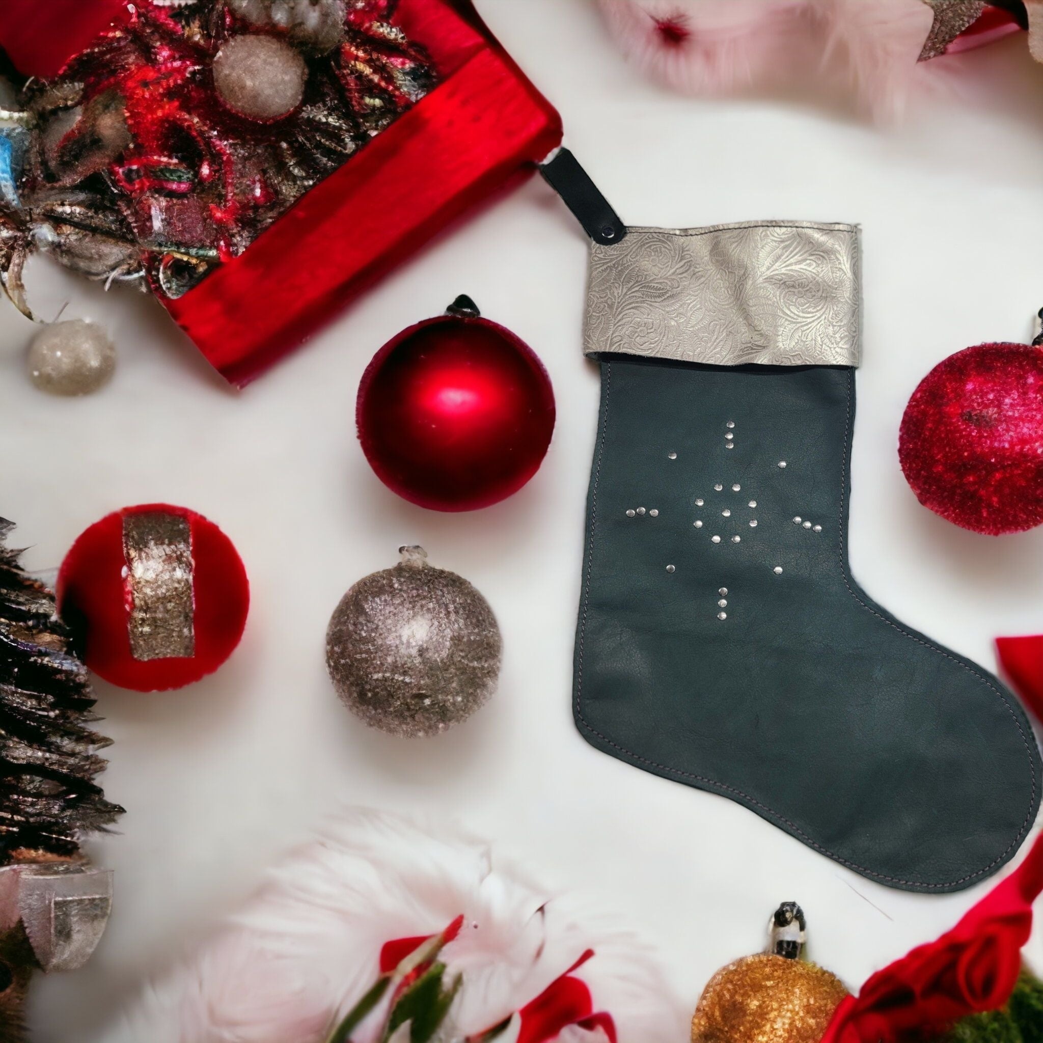 bbk leather designs handmade holiday stocking green with silver rivet snowflake