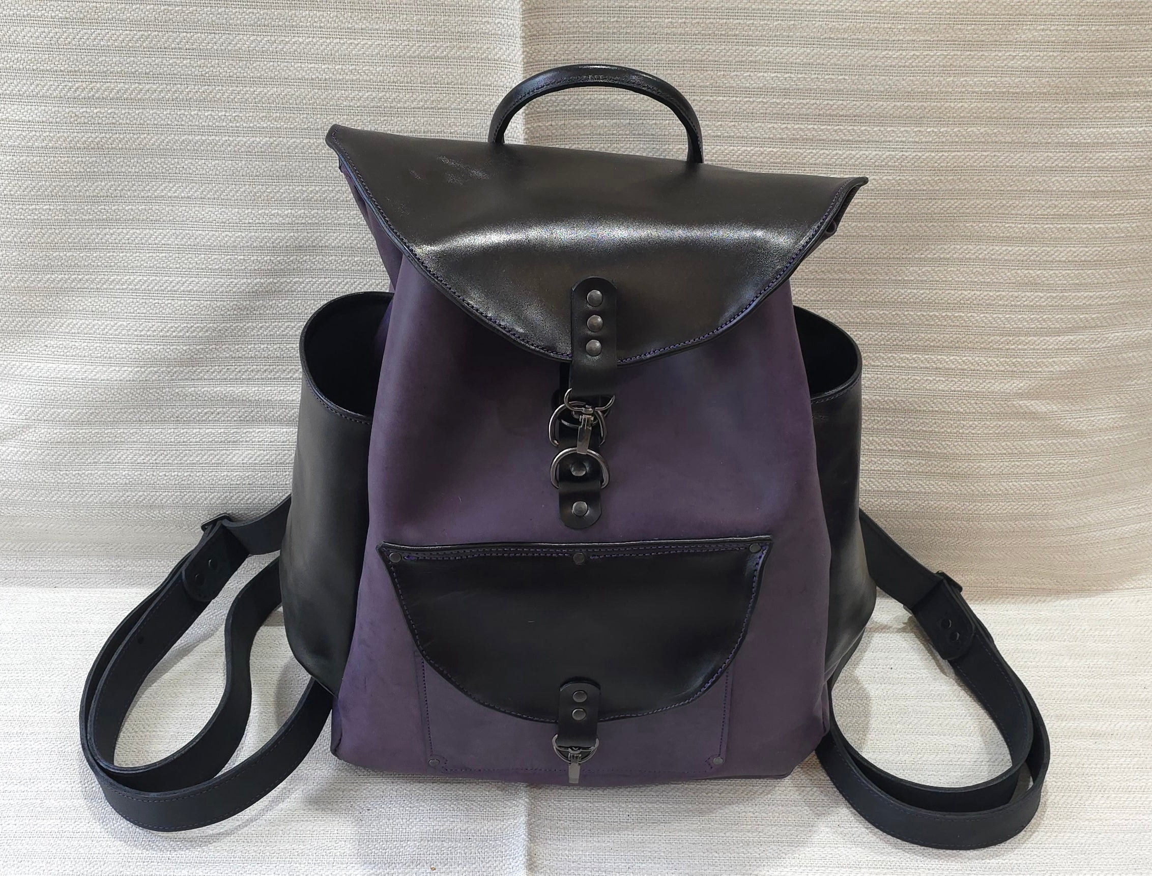 handmade leather purple and black overnighter backpack bbk leather designs