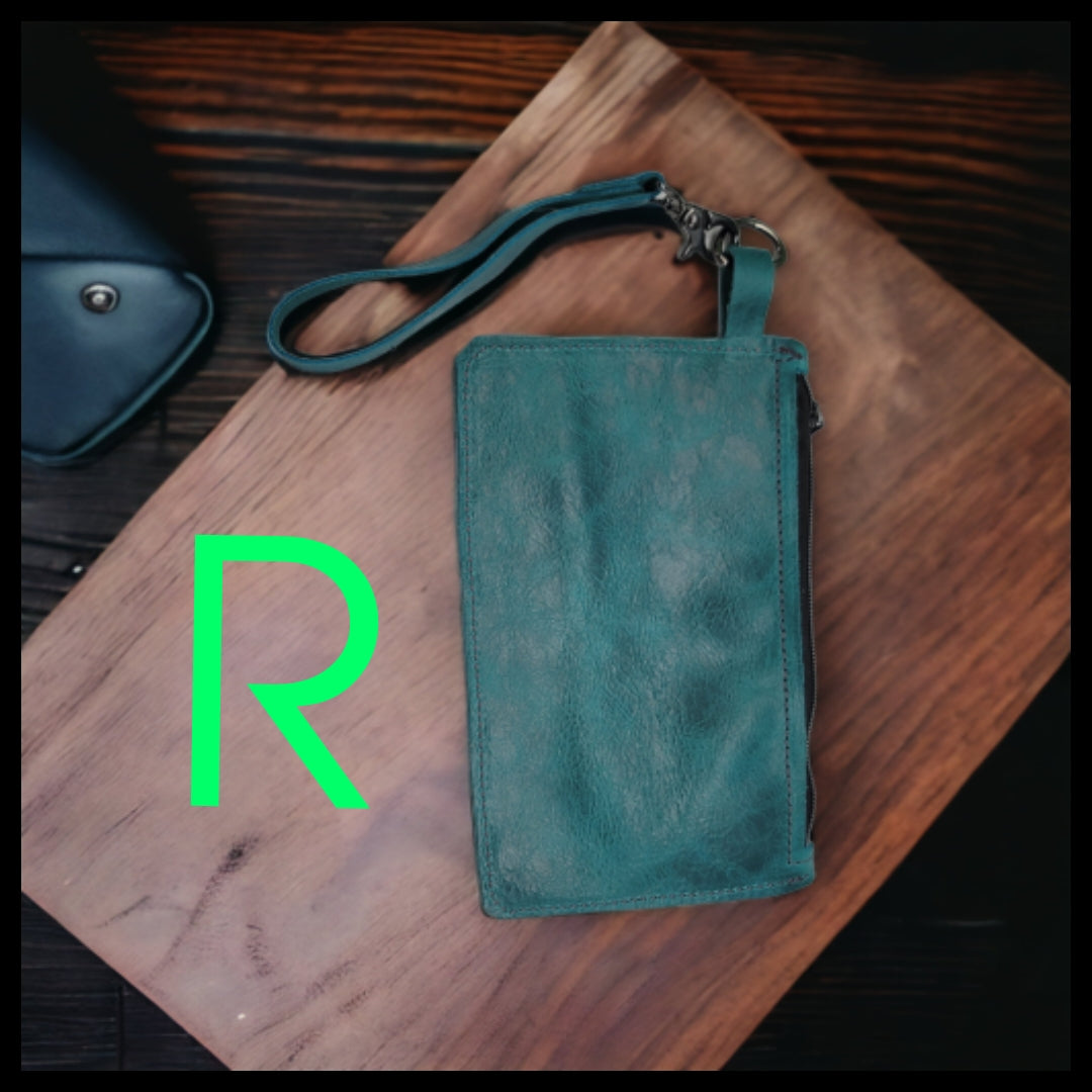 bbk leather designs handmade teal wristlet