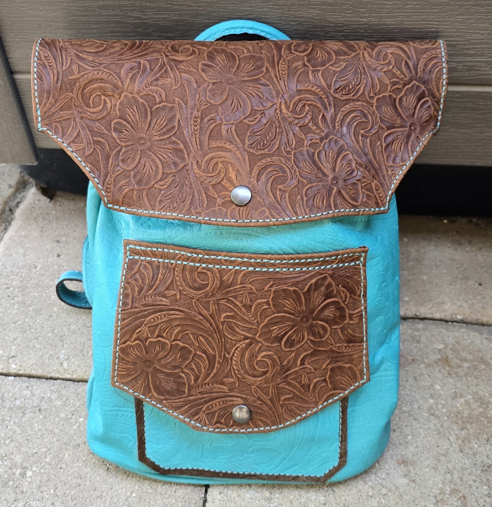 handmade leather turquoise and embossed brown mini backpack bbk leather designs