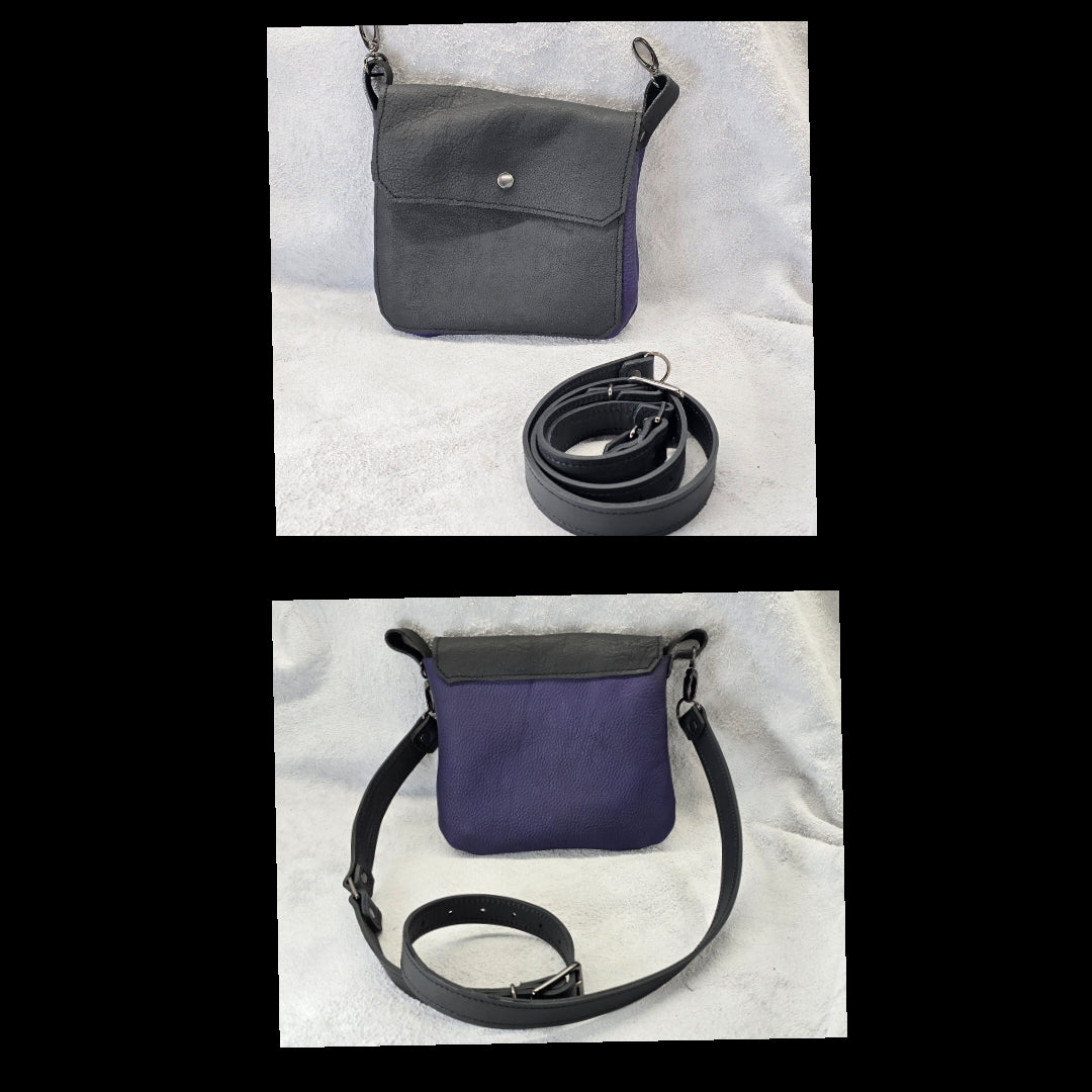 bbk leather designs handmade convertible cross body black on pebble  purple