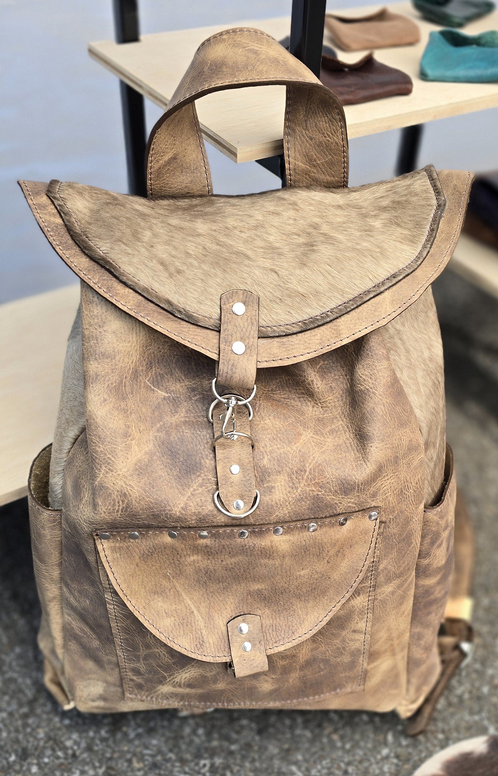 Handmade BBK Leather Designs Distressed Leather, Cowhide, light brown, backpack, bookbag, overnighter