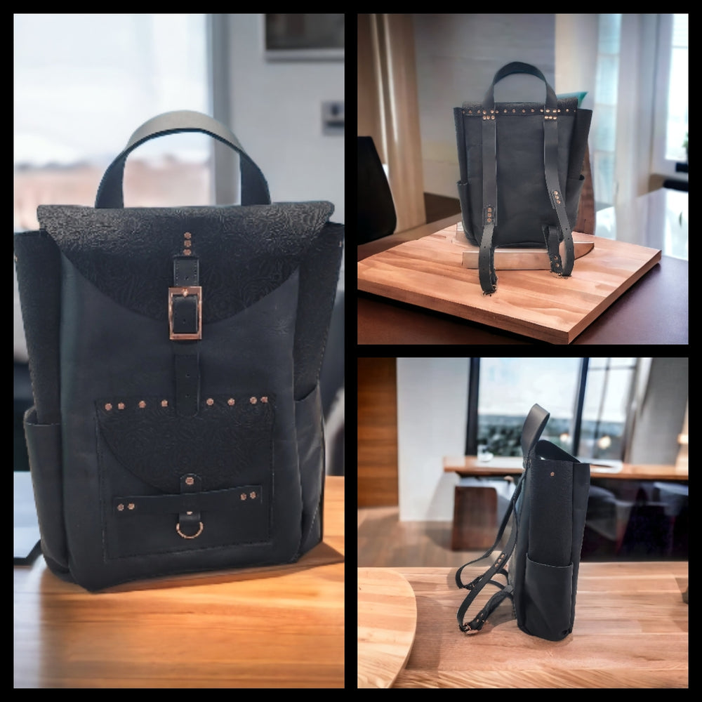 black black embossed bookbag backpack  bbk leather designs