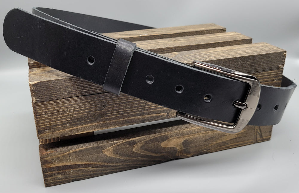 Black handmade leather casual belt gunmetal buckle bbk