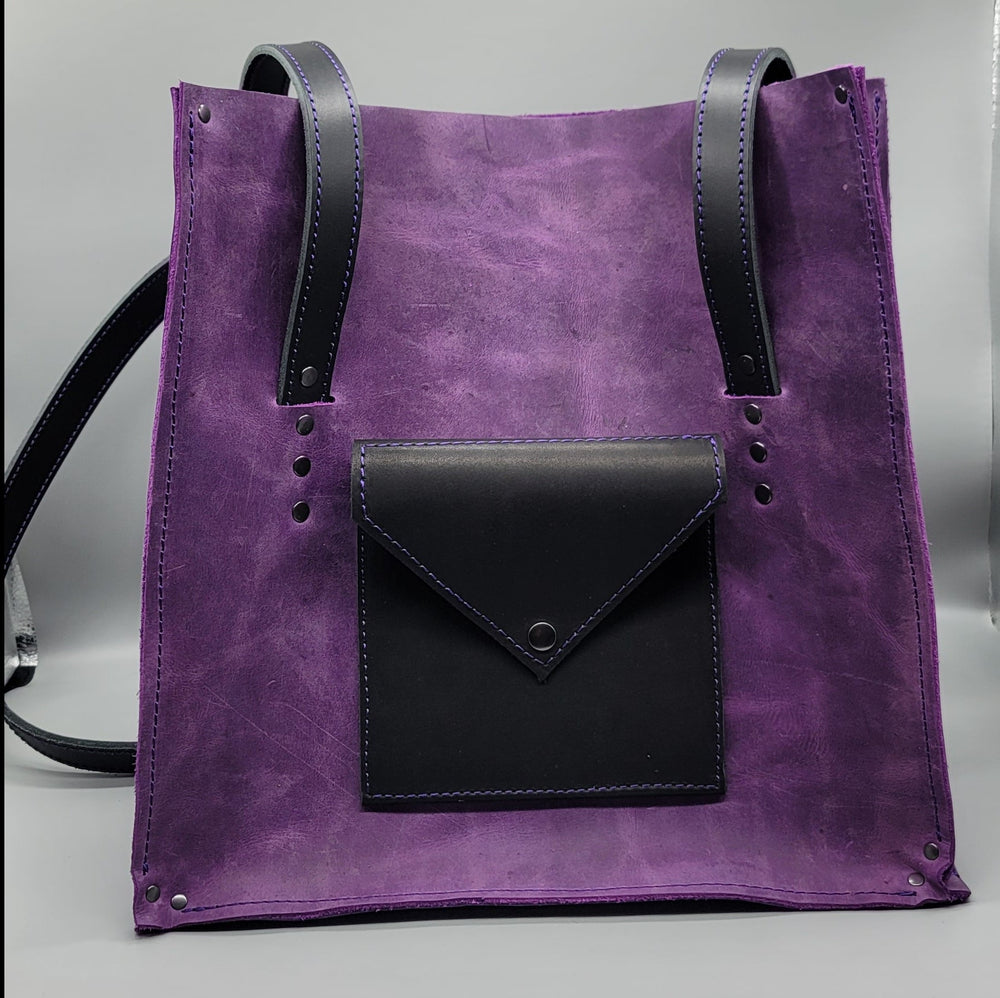 handmade leather fancy tote purple black bbk outside