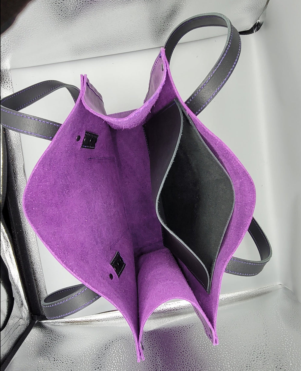 handmade leather purple black tote inside bbk