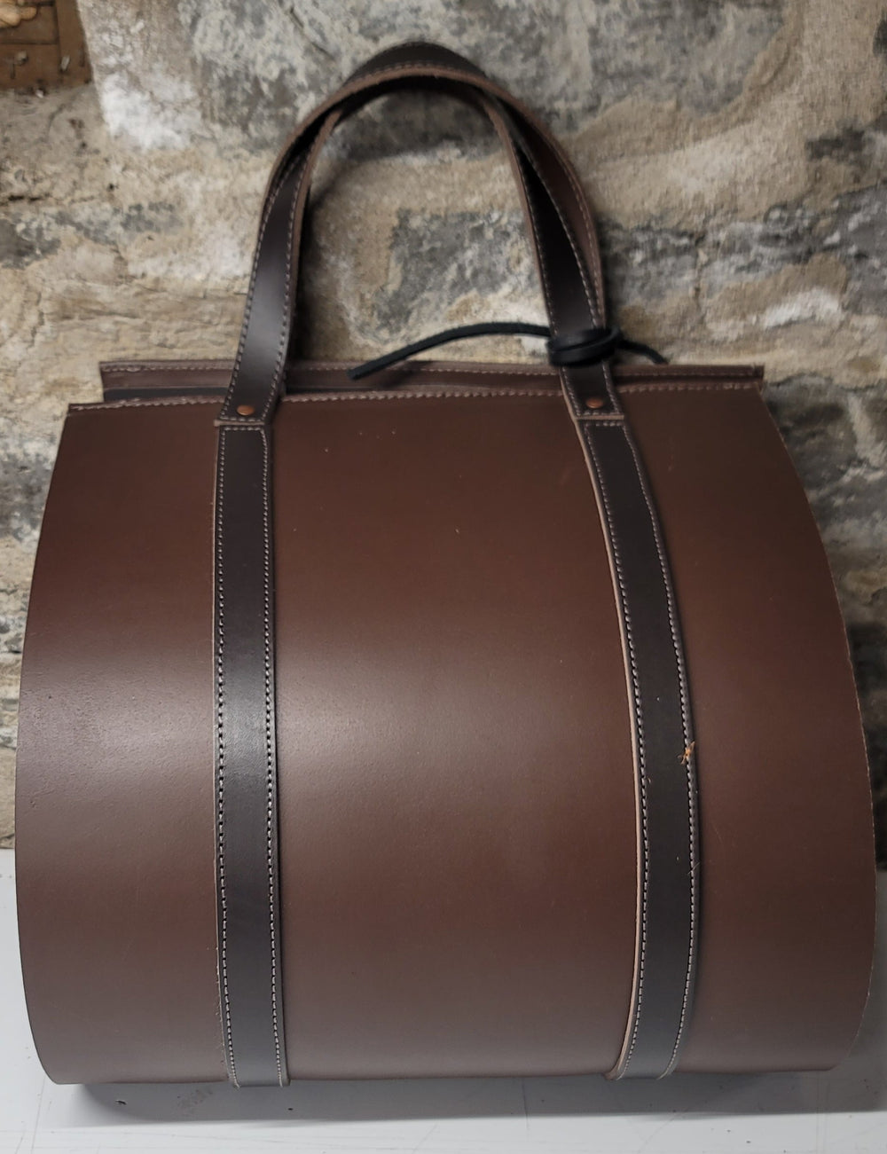 handmade leather dark brown and medium brown log carrier bbk