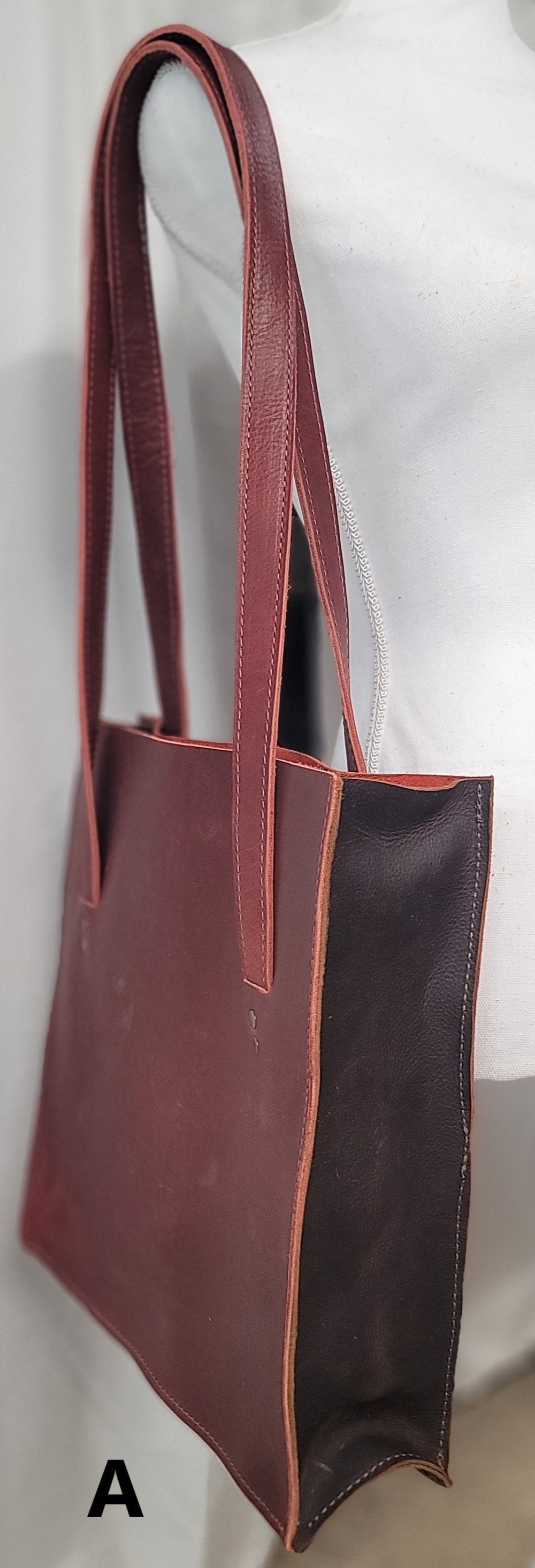 Handmade leather dark red and dark brown tote bbk