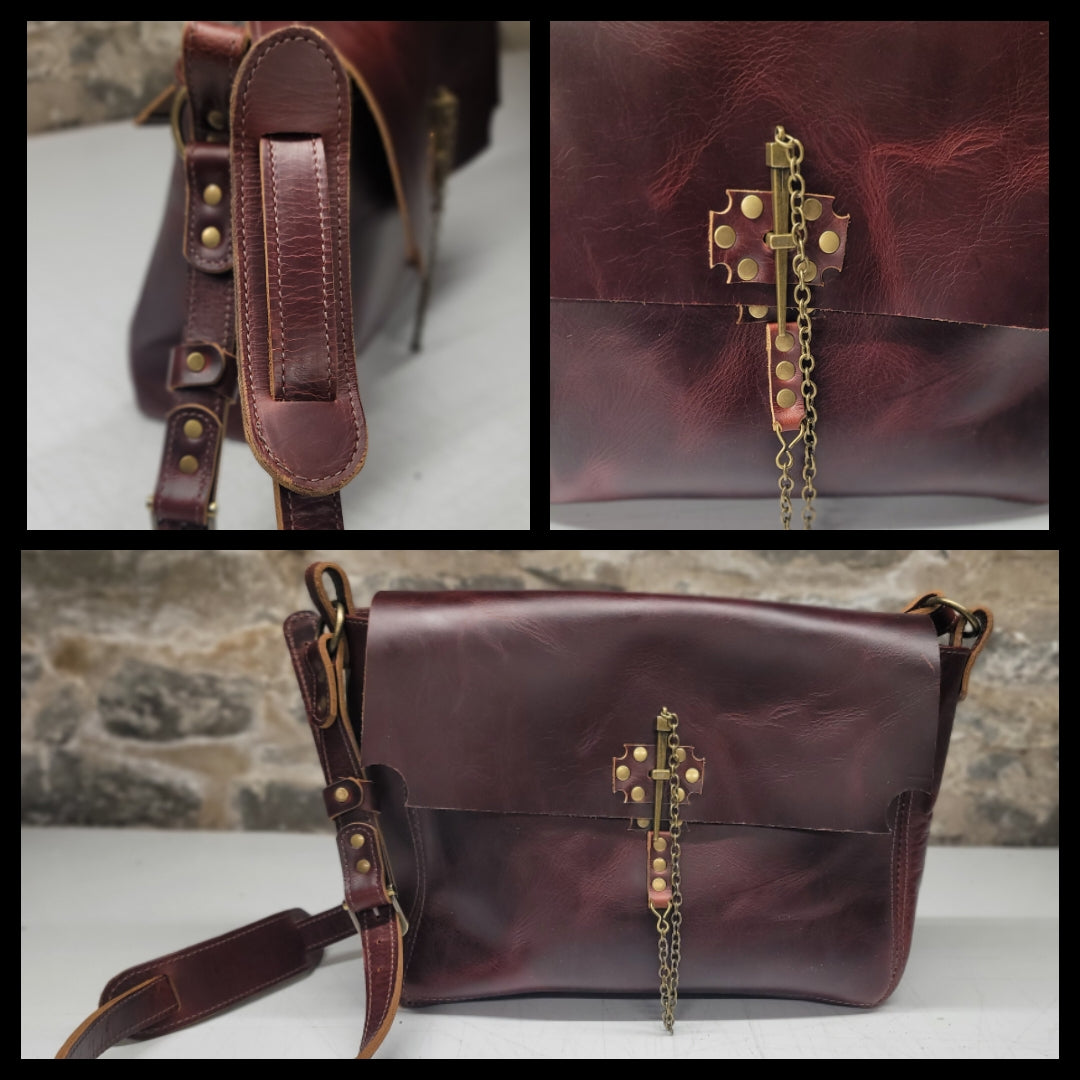 handmade burgundy leather messenger bag with spike closure bbk leather designs