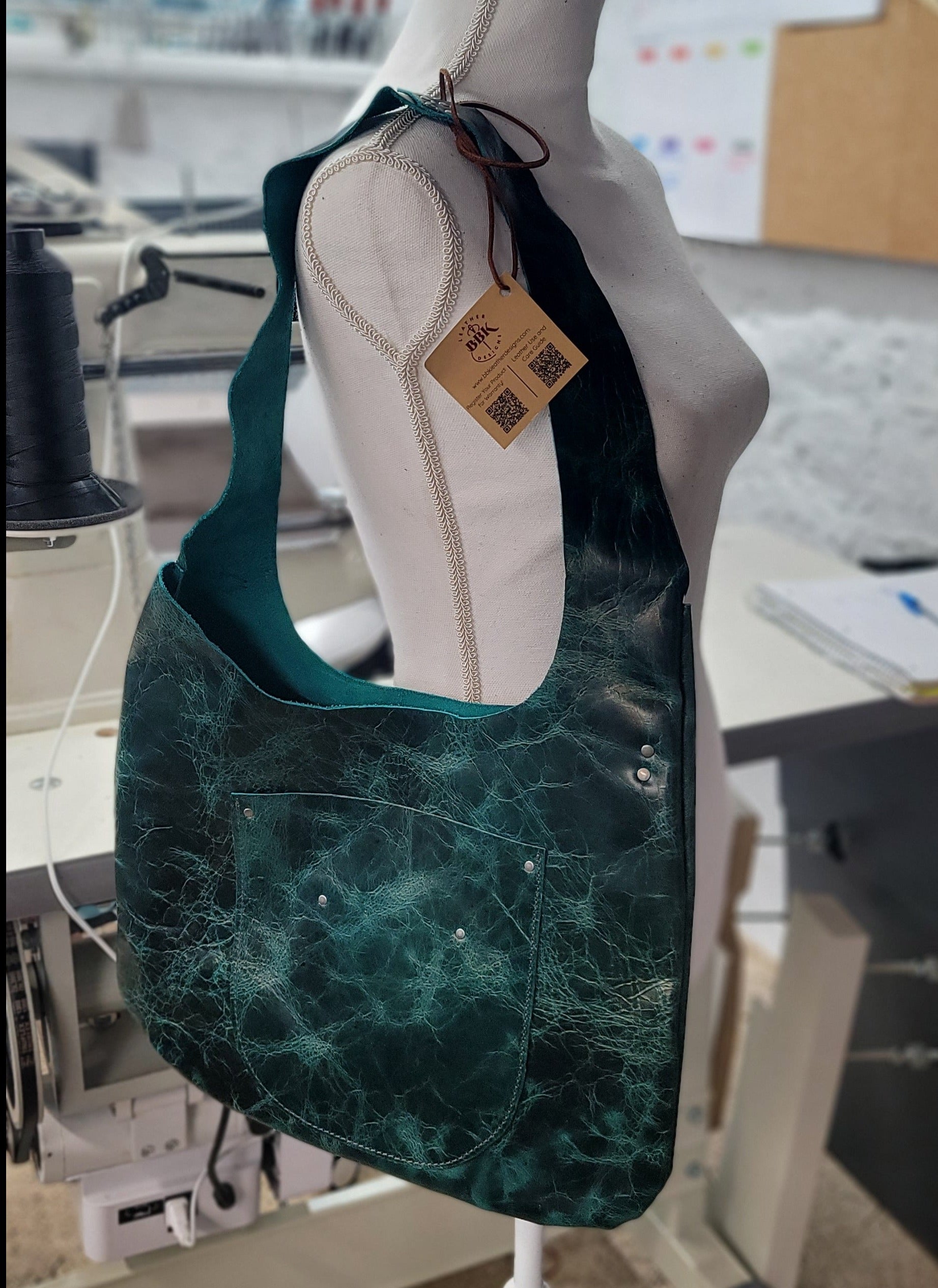 bbk handmade leather dark green hobo bag